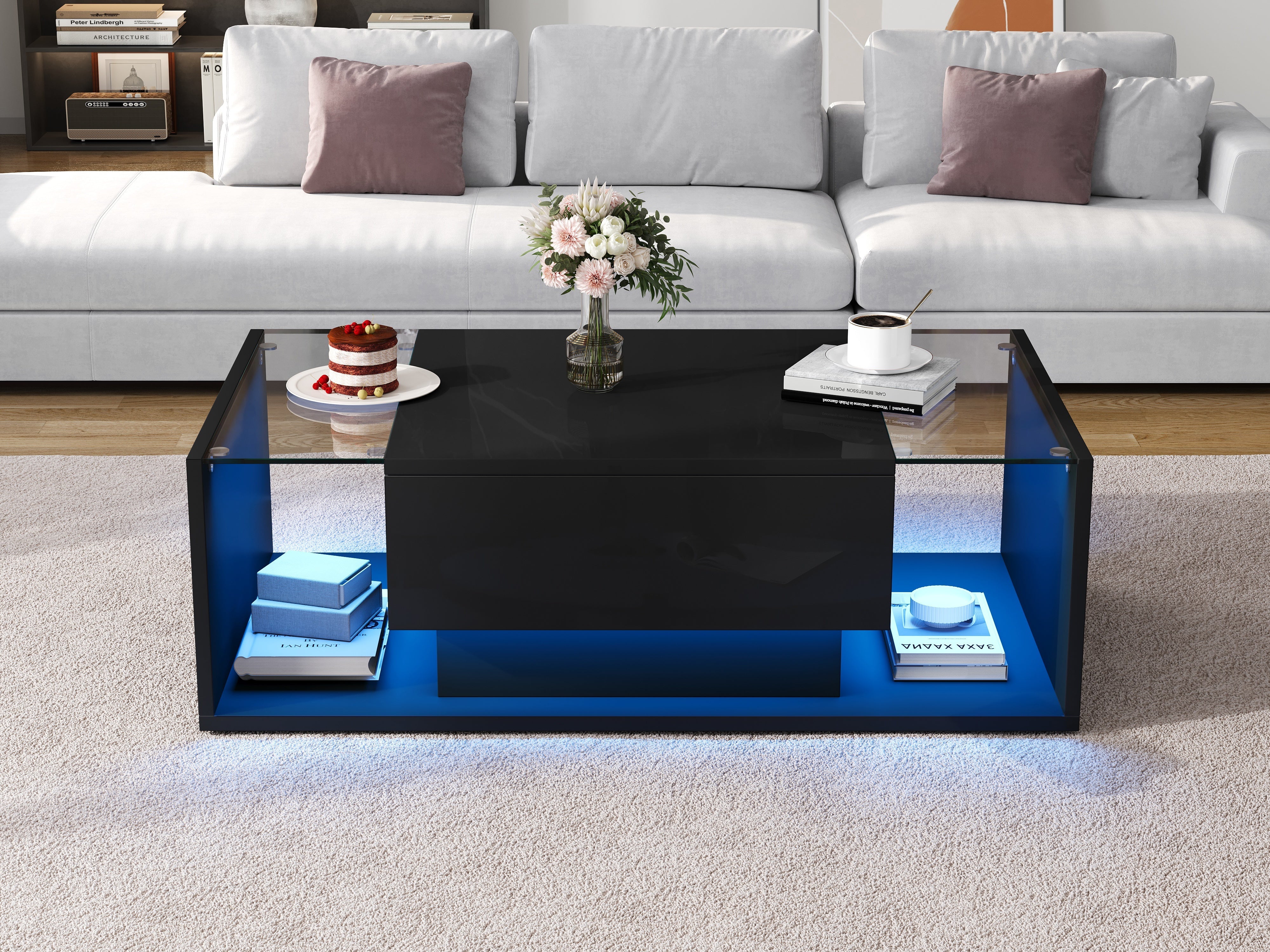 Logidon Zwarte hoogglans salontafel 100x50x31 cm met lade LED lichtstrip