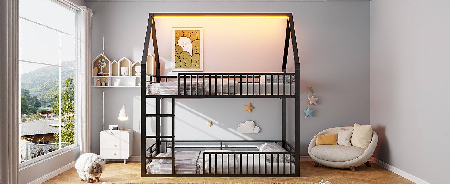Logidon House stapelbed 140x200 met hekwerk en LED-licht zwart