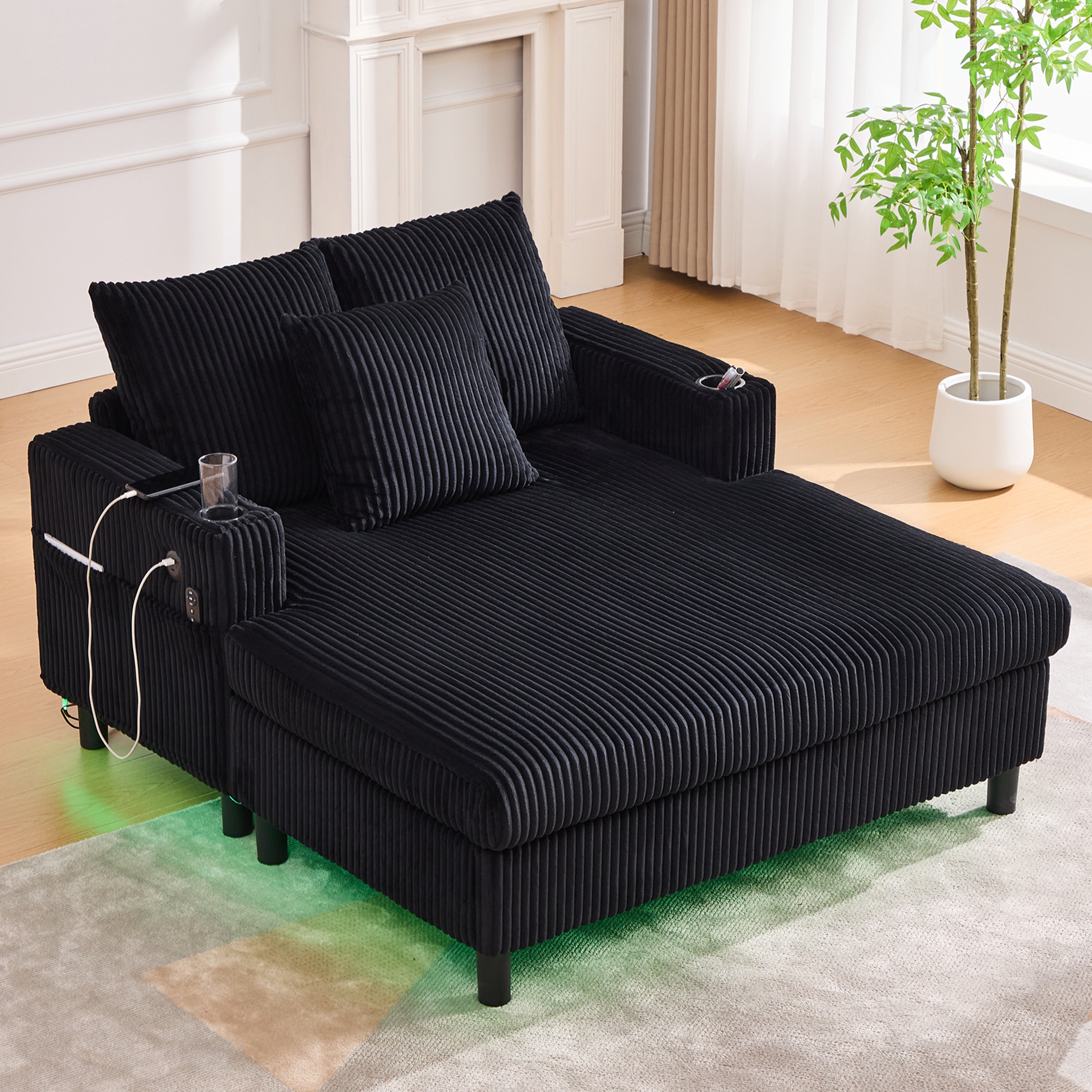 Logidon Velvet Chaise Longue Zwart met USB-oplaadpunten en LED-verlichting