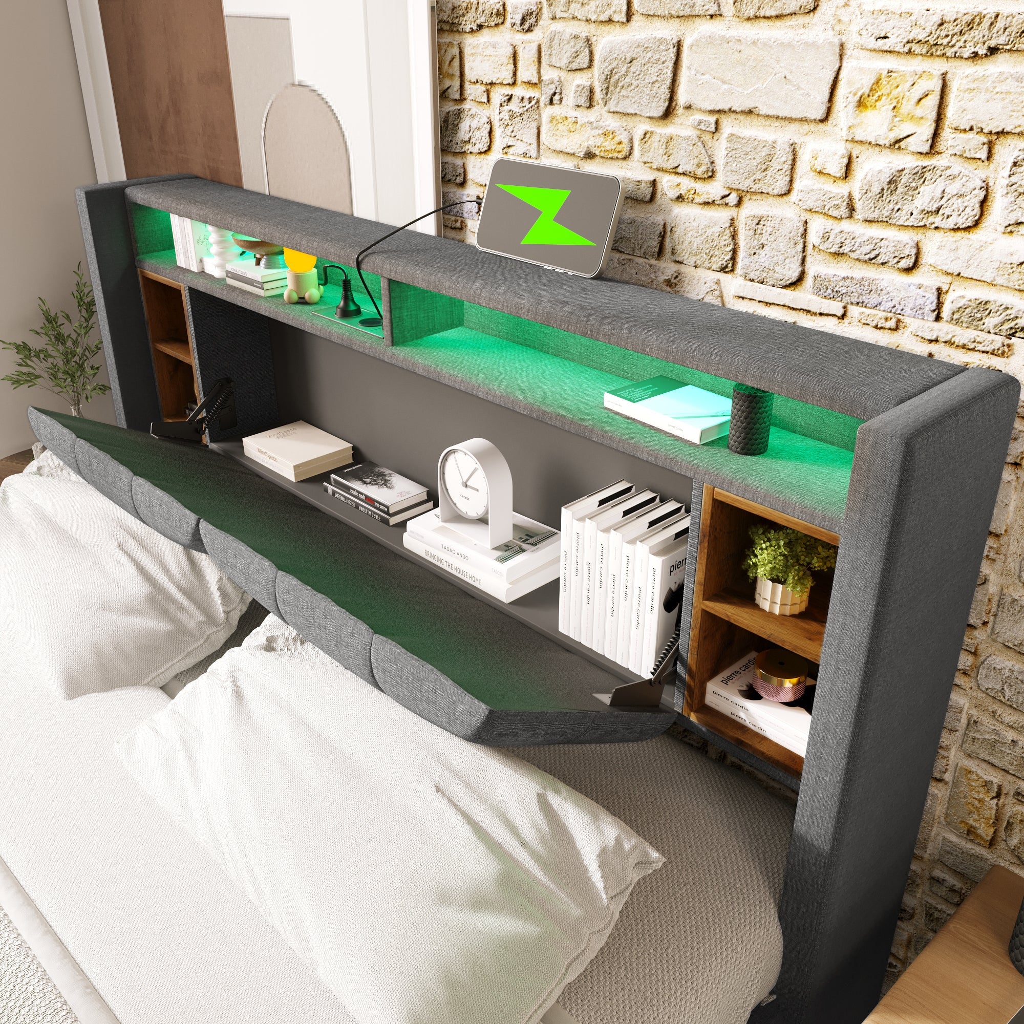 Logidon gestoffeerd bed tweepersoonsbed opbergruimte hoofdbord USB LED grijs 140x200