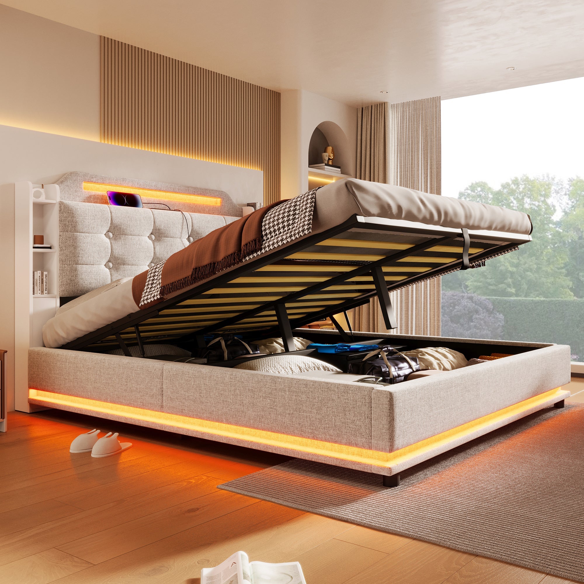 Logidon gestoffeerd bed 140x200 beige met LED lichtstrip en opbergruimte