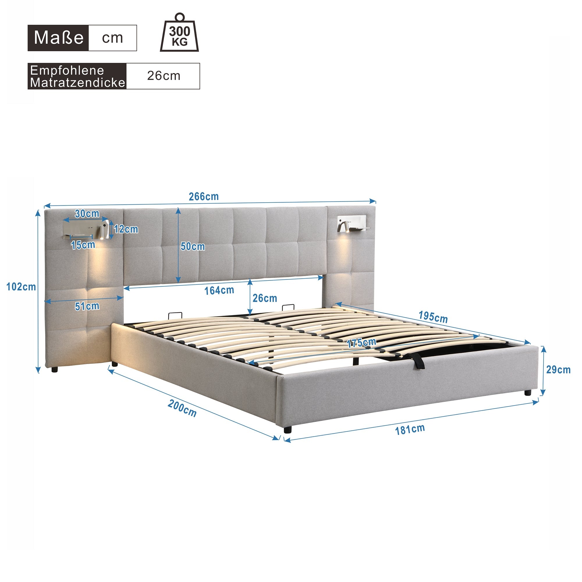 Logidon gestoffeerd bed 180x200 cm grijs hydraulisch bed USB-licht opbergruimte