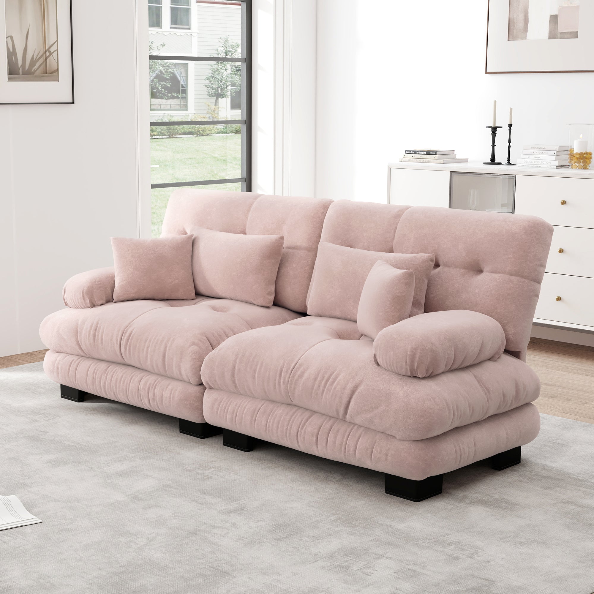 Logidon hoekbank fluweel roze vintage chenille 220 cm met lendenkussen