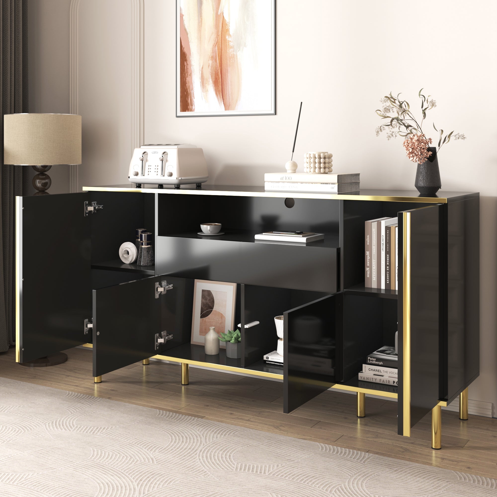 Logidon high-gloss sideboard black 150x40x80 with LED accents