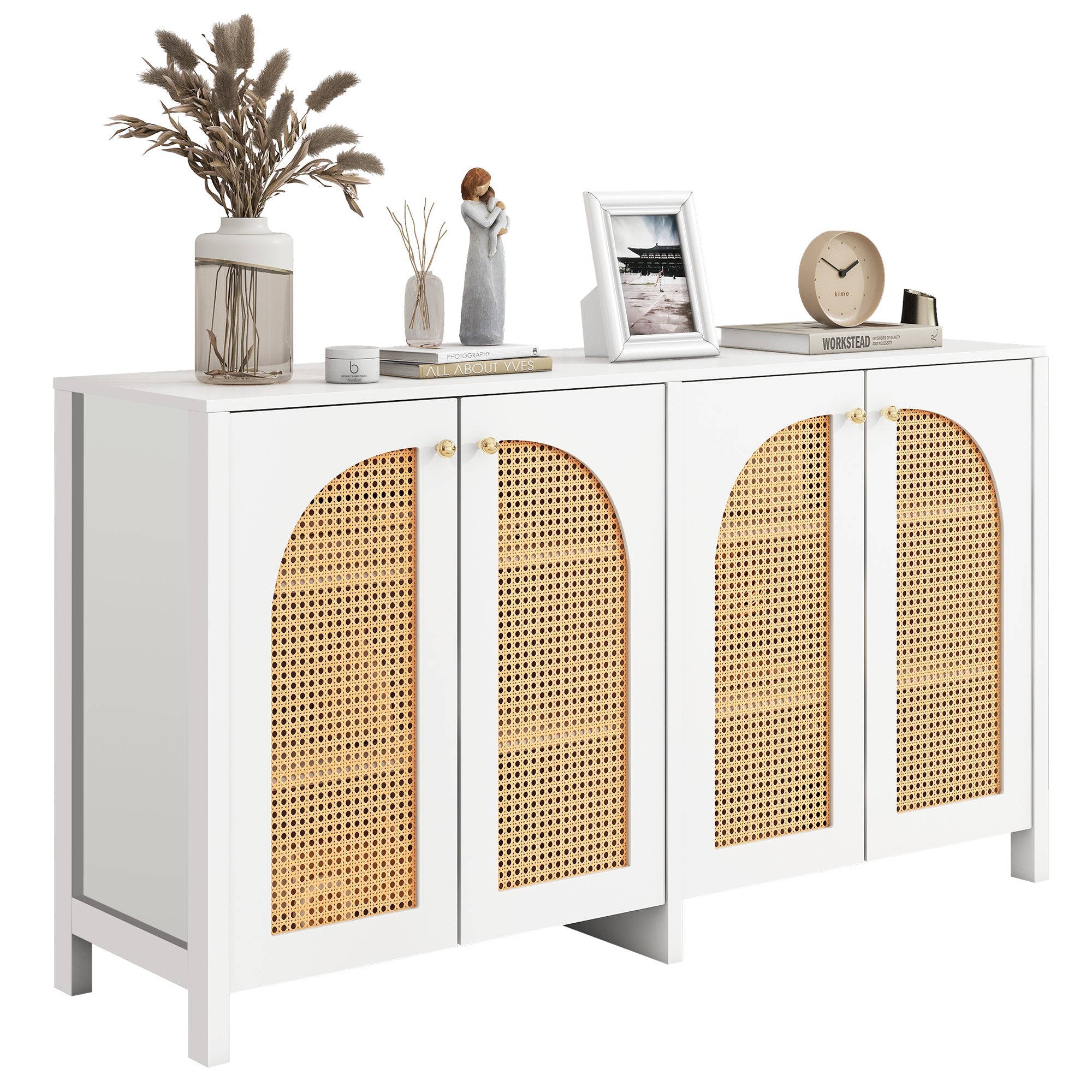 Logidon Modern dressoir 4 rotan deuren wit 145x40x80 cm