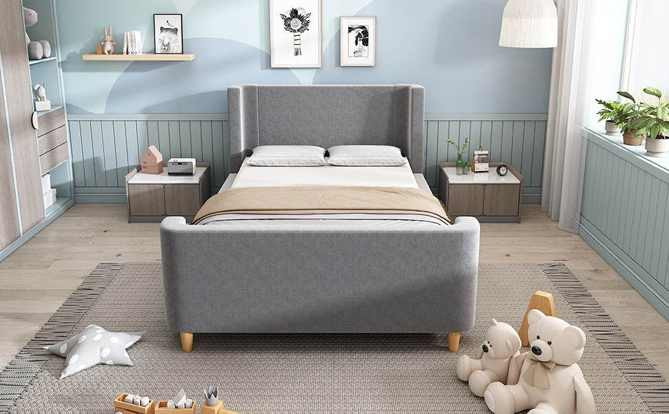 Logidon kinderbed gestoffeerd bed 90x200 grijs fluweel kosmisch patroon