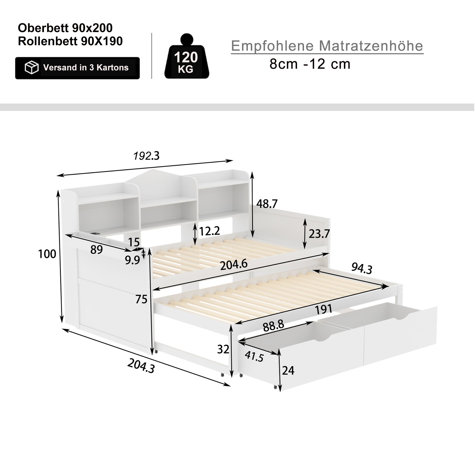 Logidon slaapbank 90x200 wit uitschuifbaar bed 90x190 twee laden