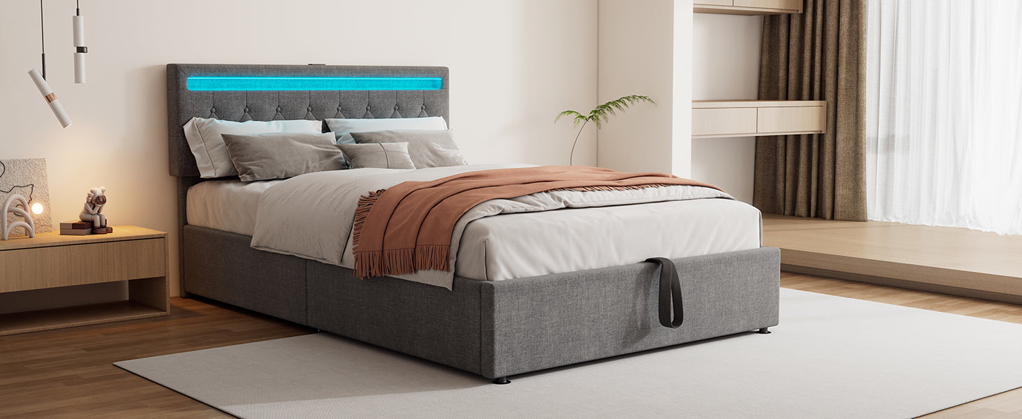 Logidon 140x200 cm gewatteerd bed met sfeerlichtopberger grijs