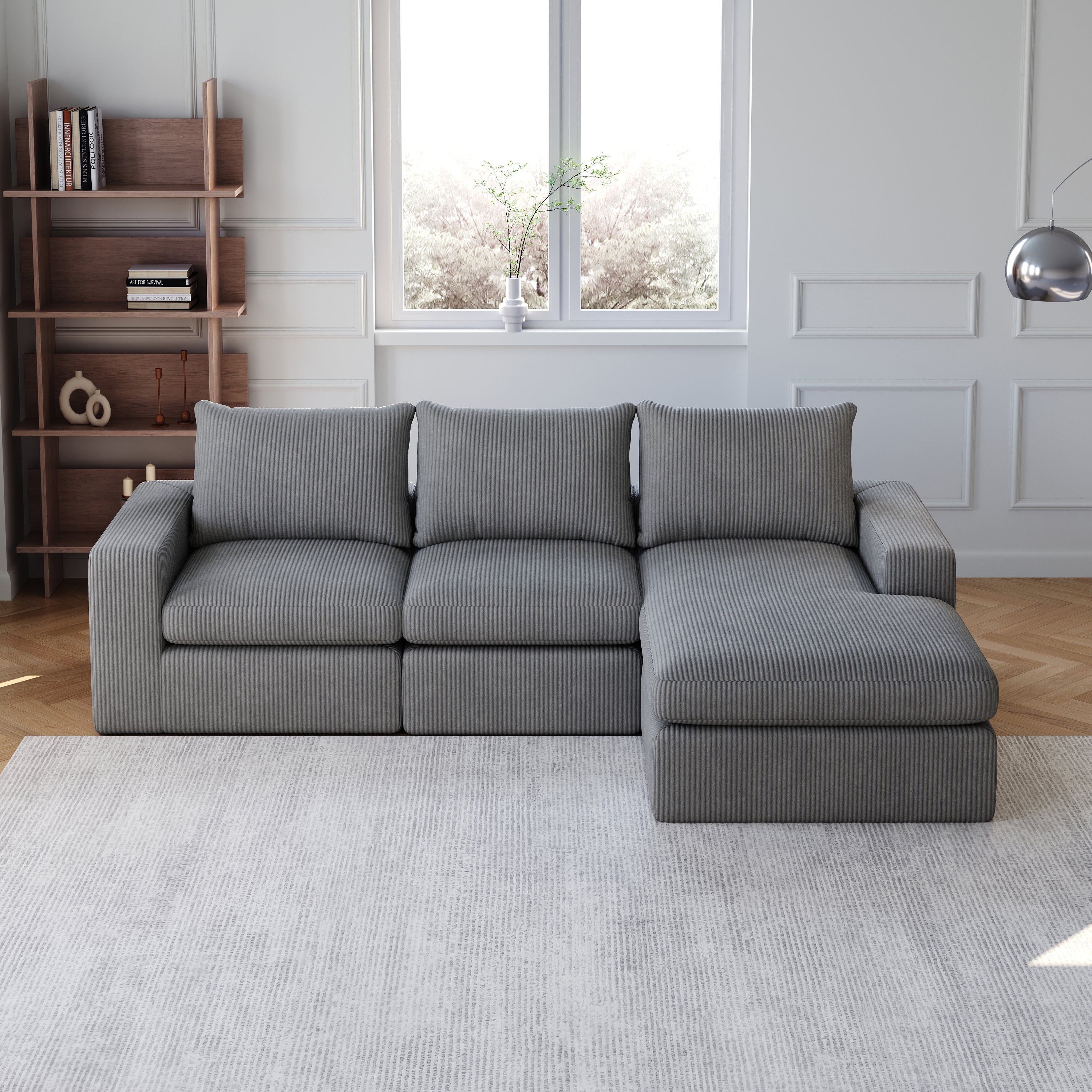 Logidon Gray Cord Sofa With Chaise Longue L Shape Three Cushions