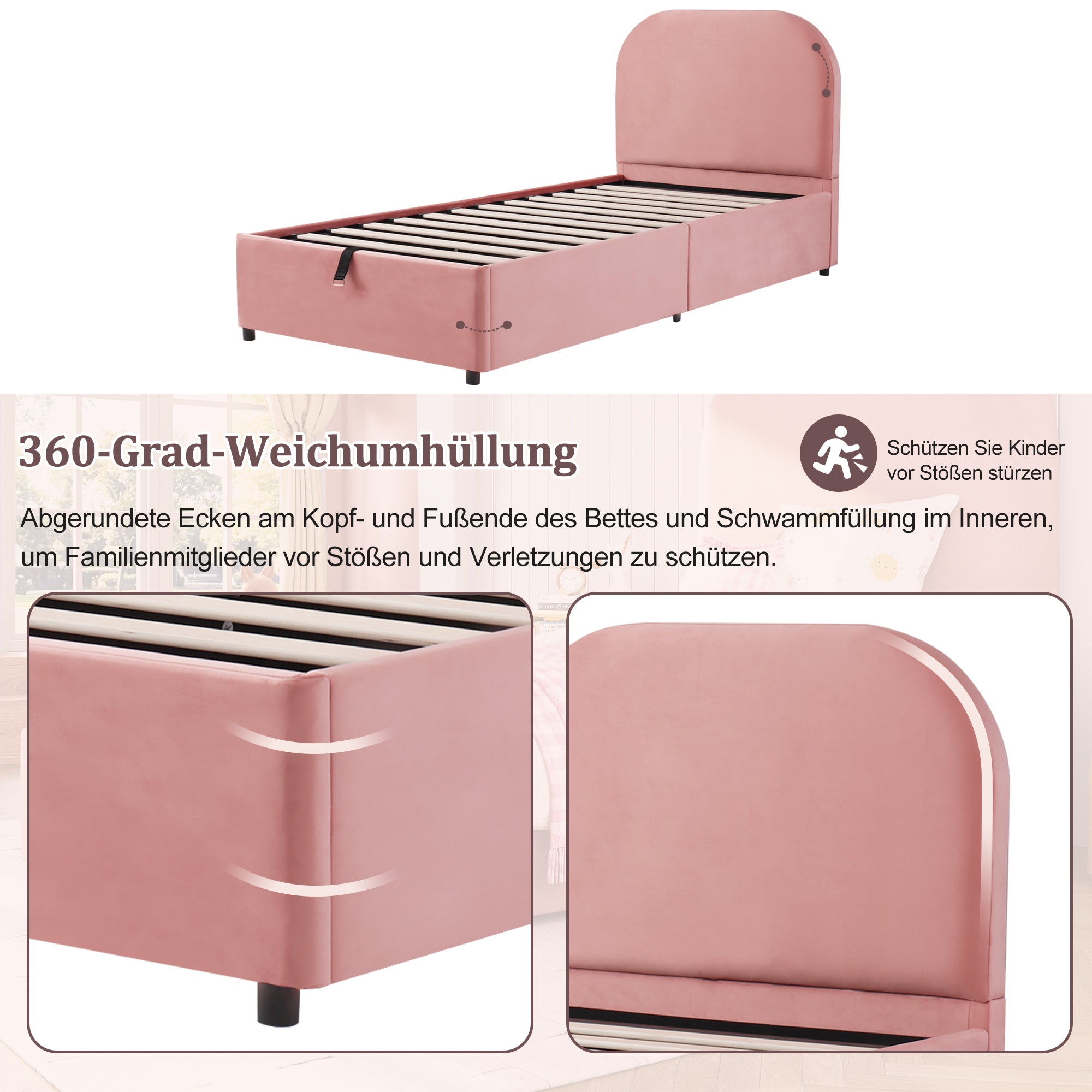 Logidon gestoffeerd bed 90x200 roze hydraulisch met opbergruimte fluweel