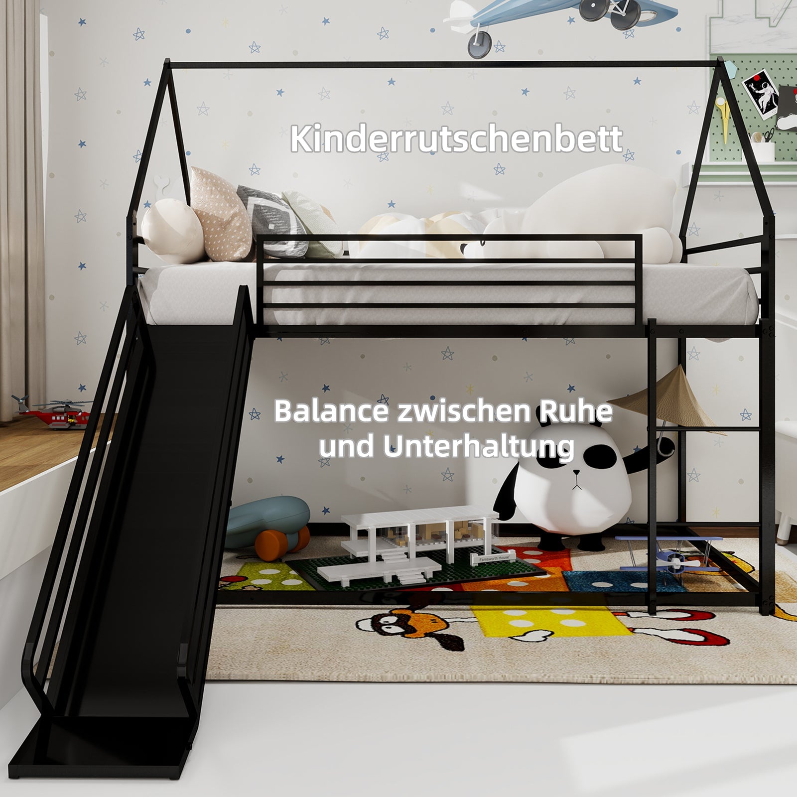 Logidon Twin over stapelbed met glijbaan Zwart