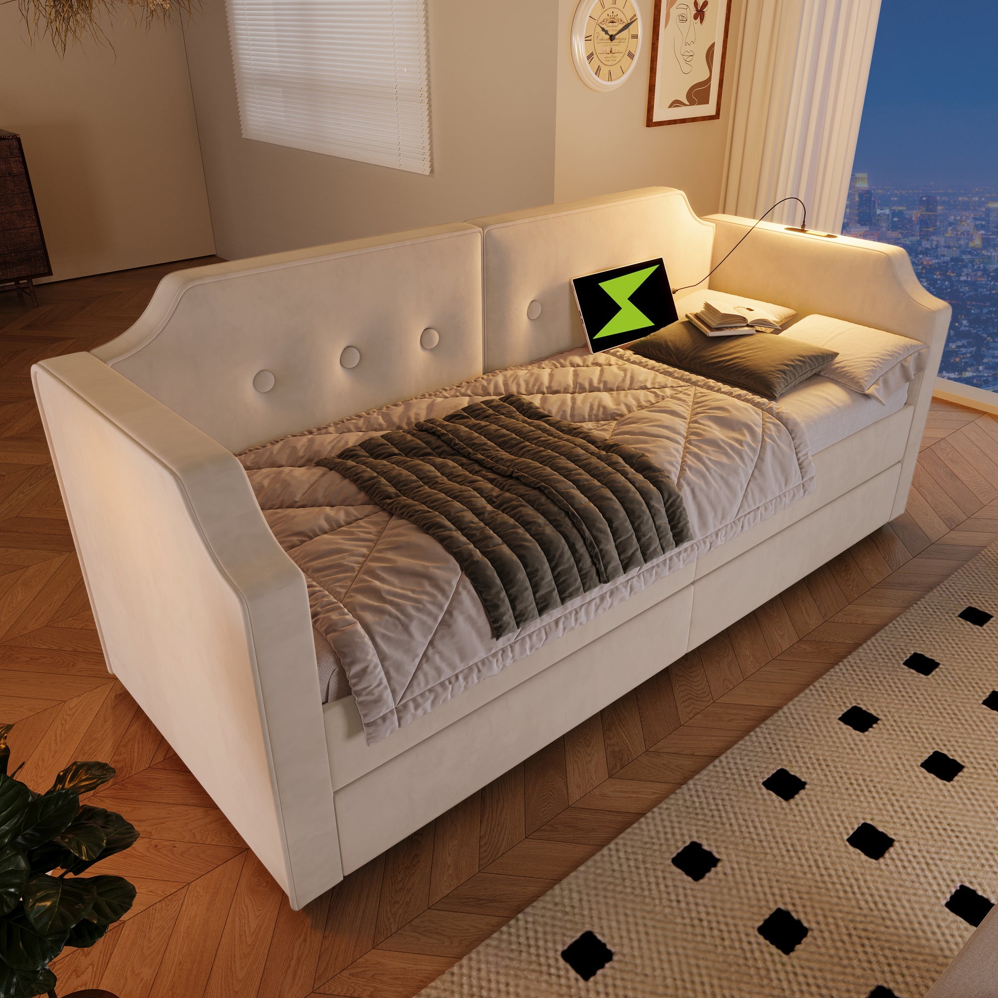 Logidon gestoffeerd bed 90x200 cm beige fluweel met USB-C oplaadpunt leeslampje