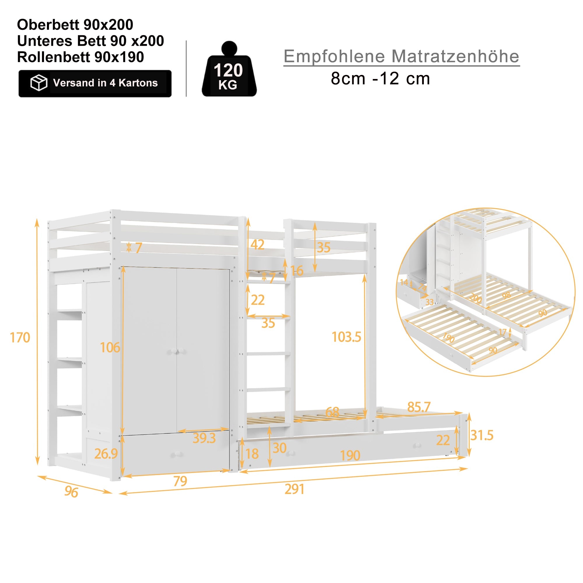 Logidon stapelbed massief hout 90x200 wit uitschuifbedkast