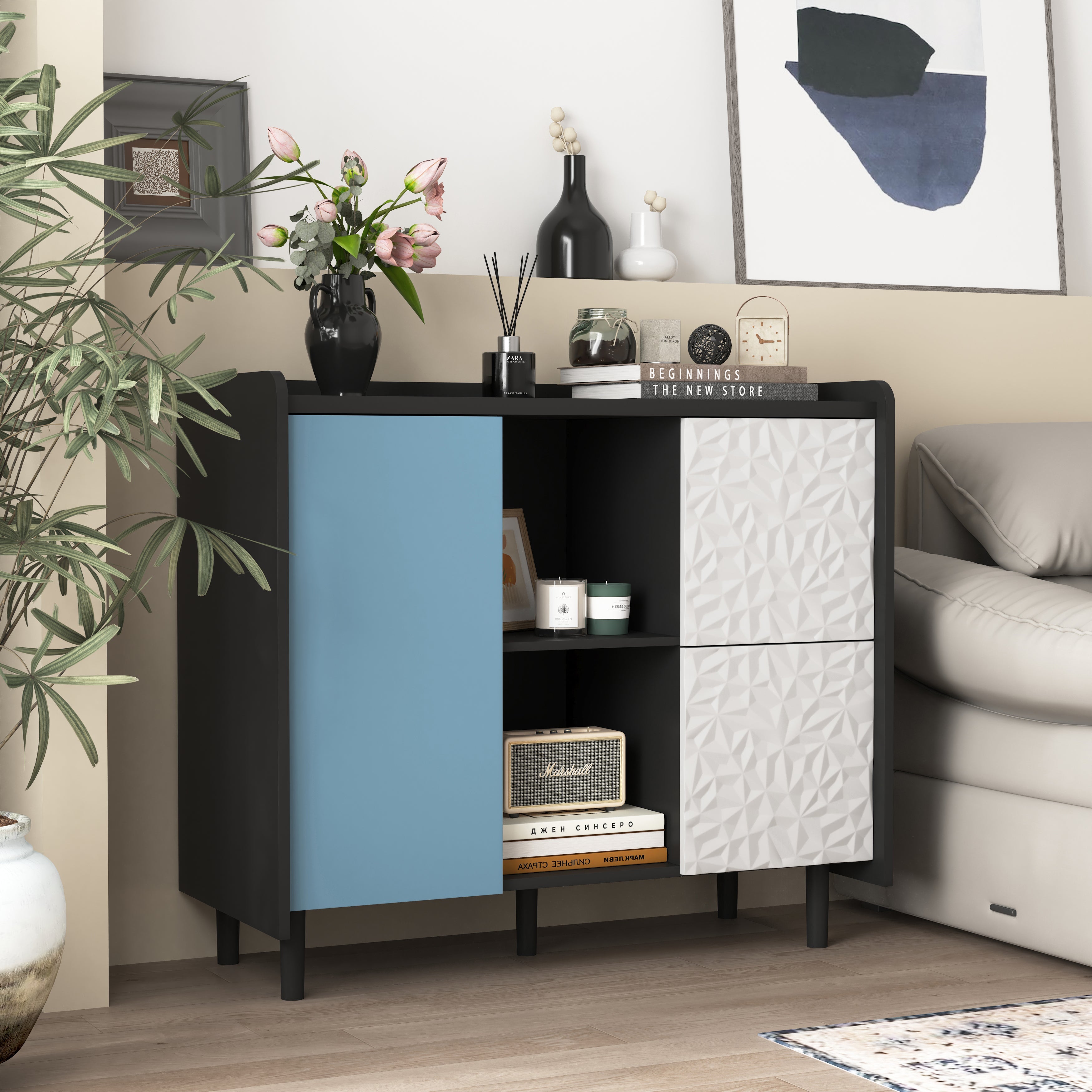 Logidon Dressoir Buffetkast 90 cm Blauw Wit Geometrische Fronten