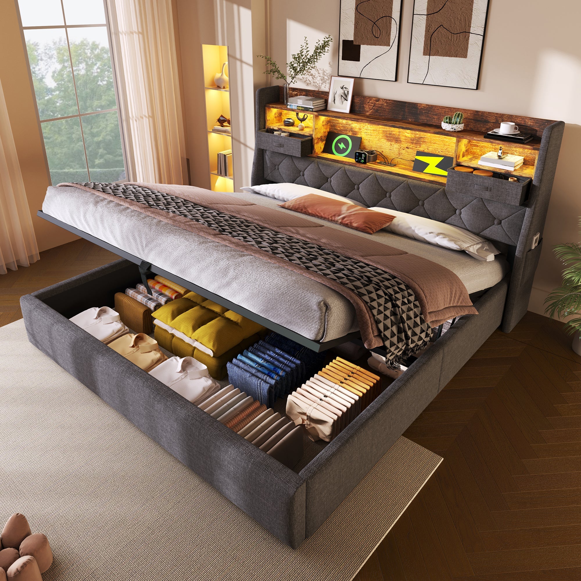 Logidon gestoffeerd bed 160x200 cm met opbergruimte, LED-hoofdbord, USB-C
