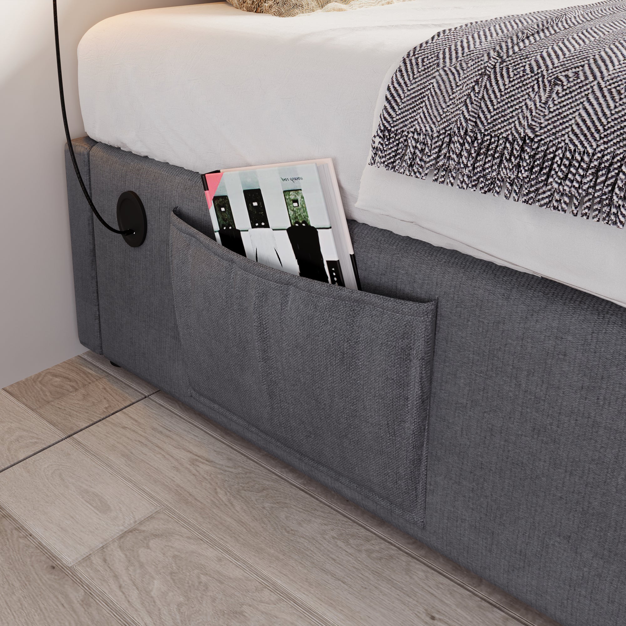 Logidon upholstered bed 90x190 gray with USB C charging function and full slatted frame