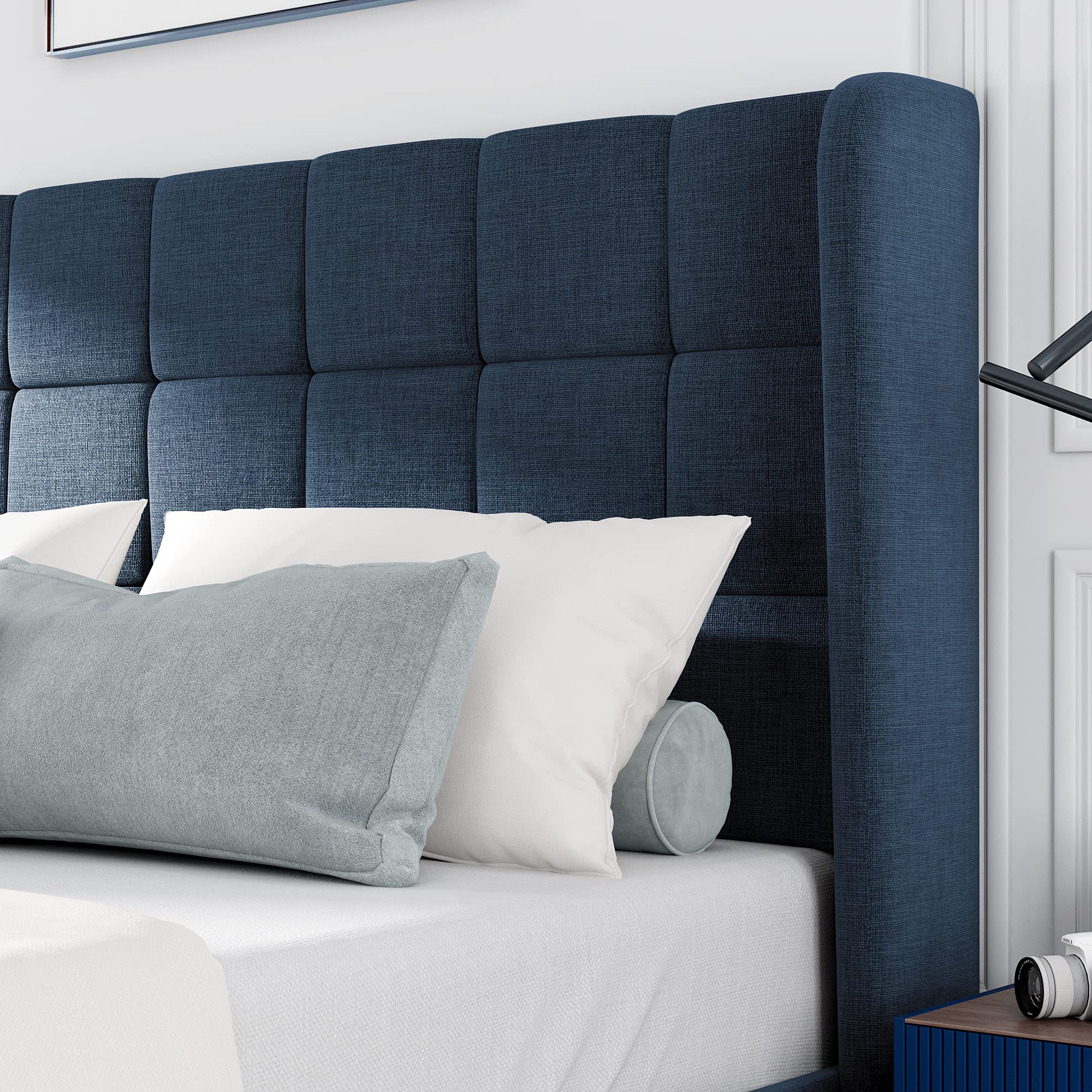 Logidon gestoffeerd bed 140x200 cm blauw linnen gecapitonneerd hoofdeinde