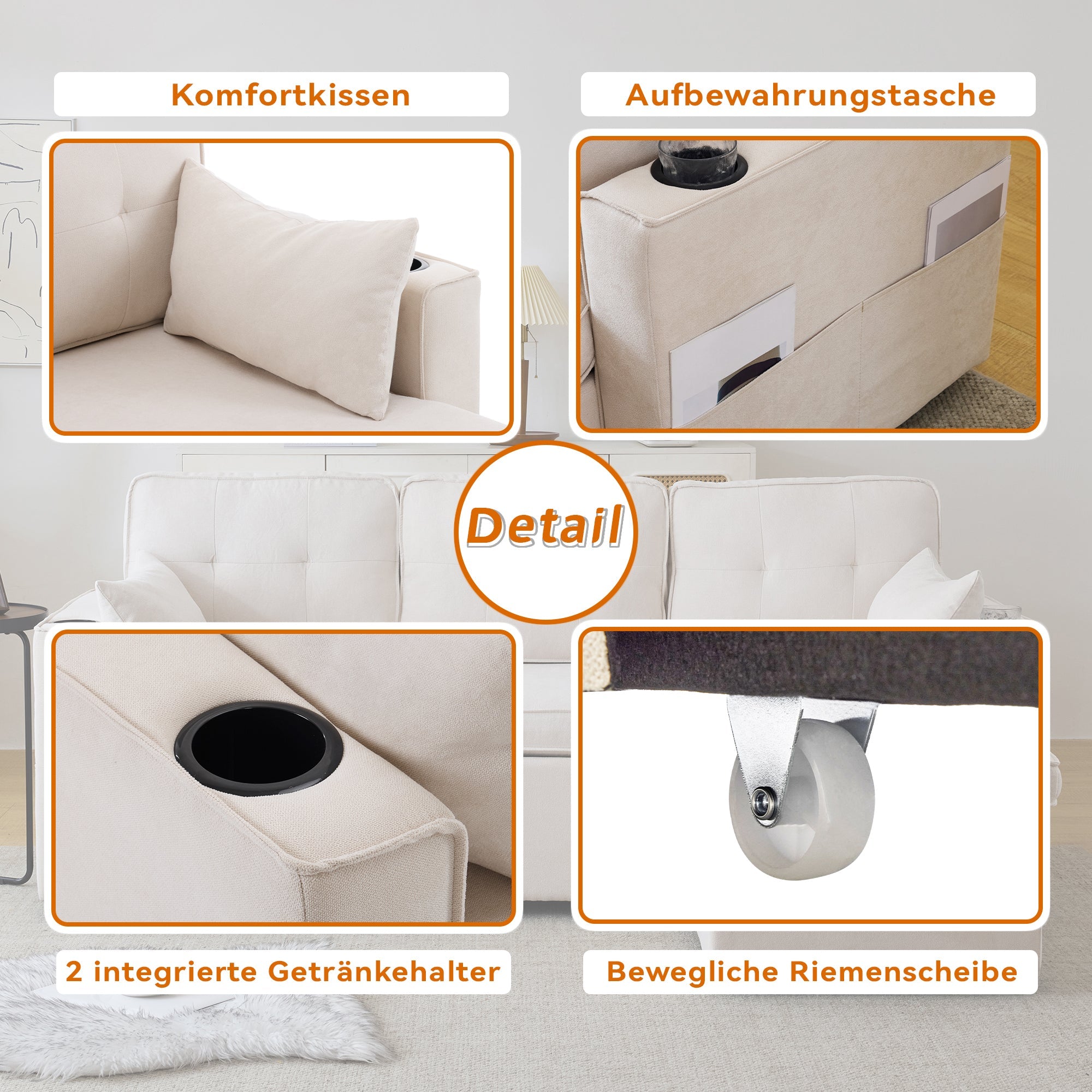 Logidon slaapbank L-vorm beige stof met opbergruimte en bekerhouder