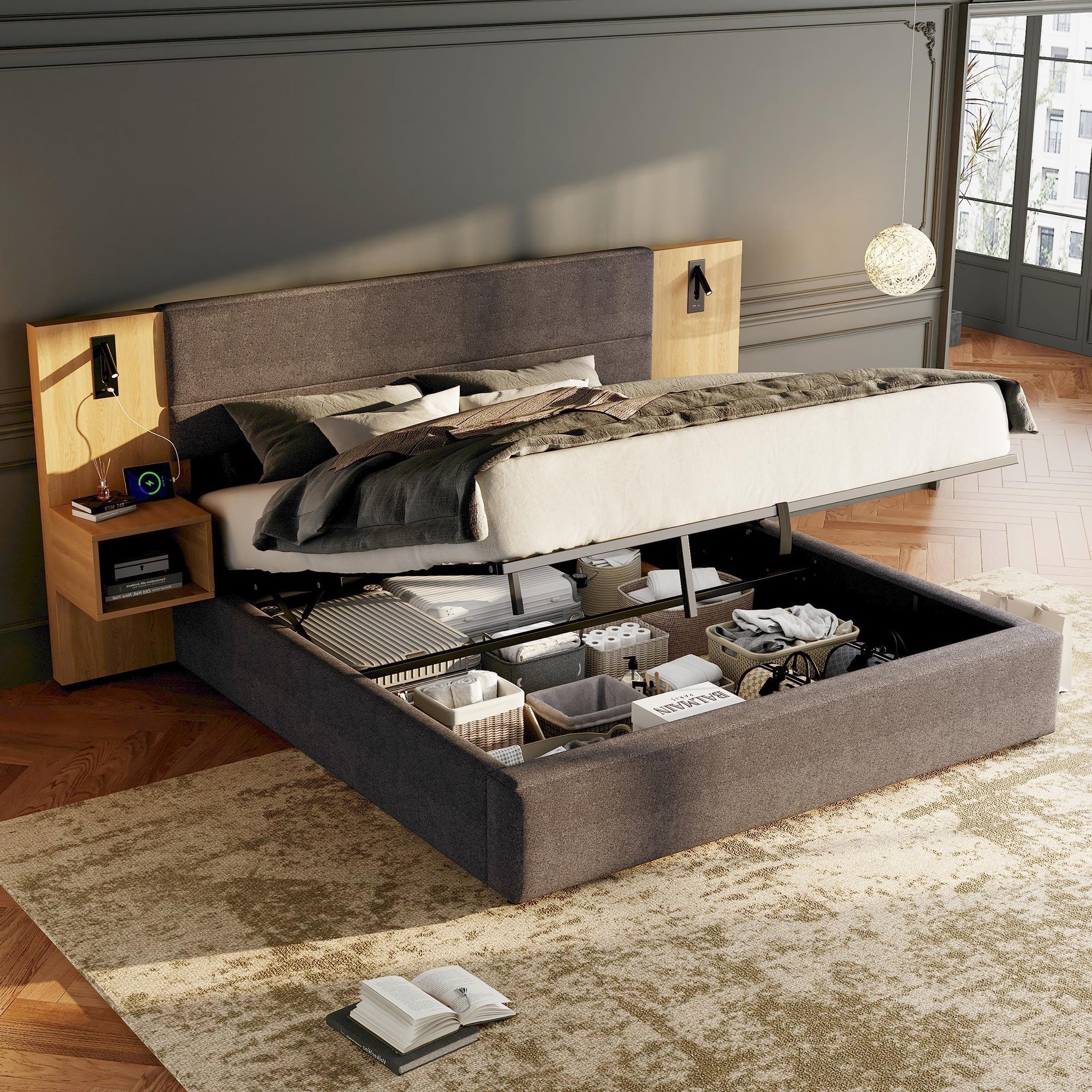 Logidon gestoffeerd bed 160x200 cm fluweelgrijs USB-oplaadfunctie opbergruimte