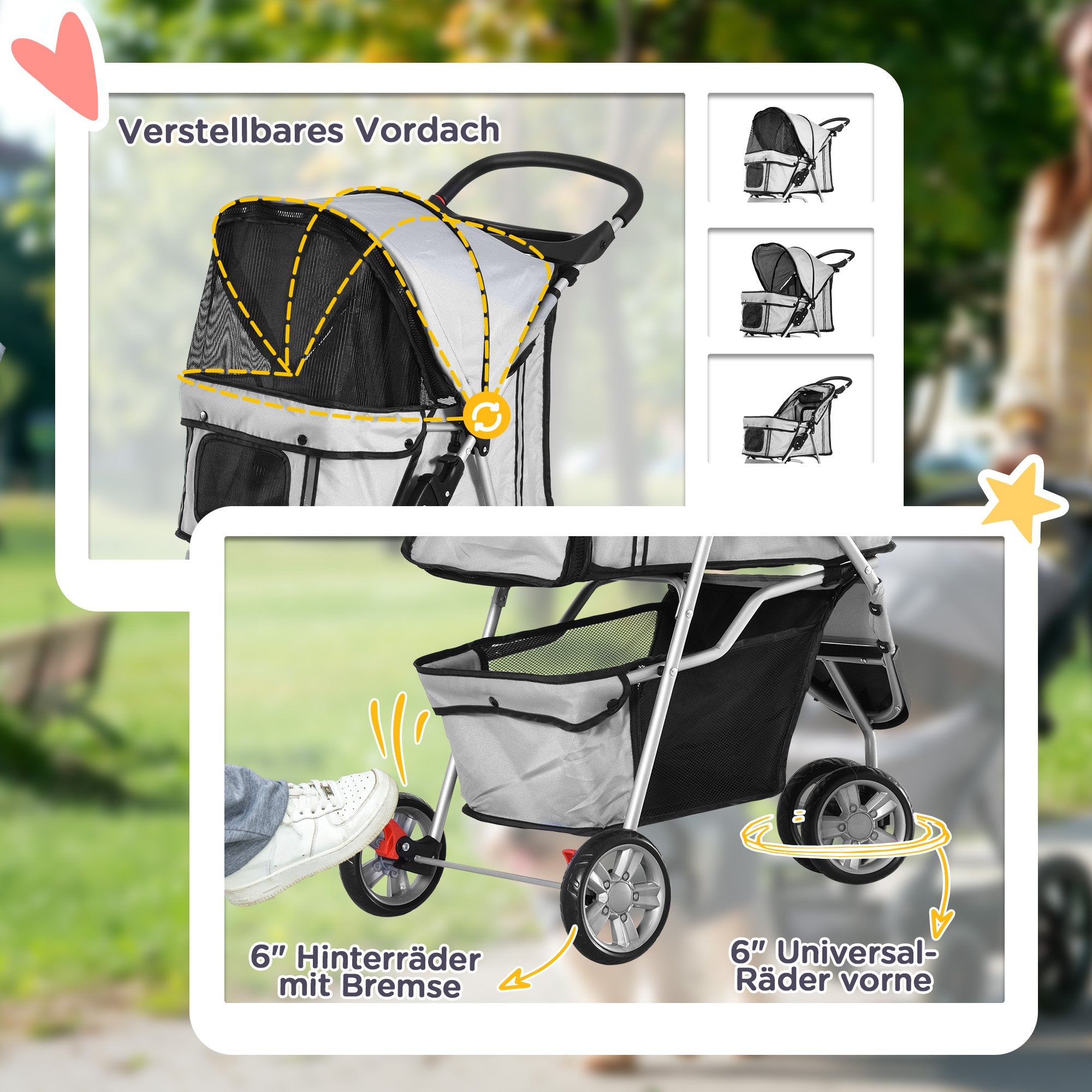 Logidon hondenbuggy grijs met opbergmand en bekerhouder