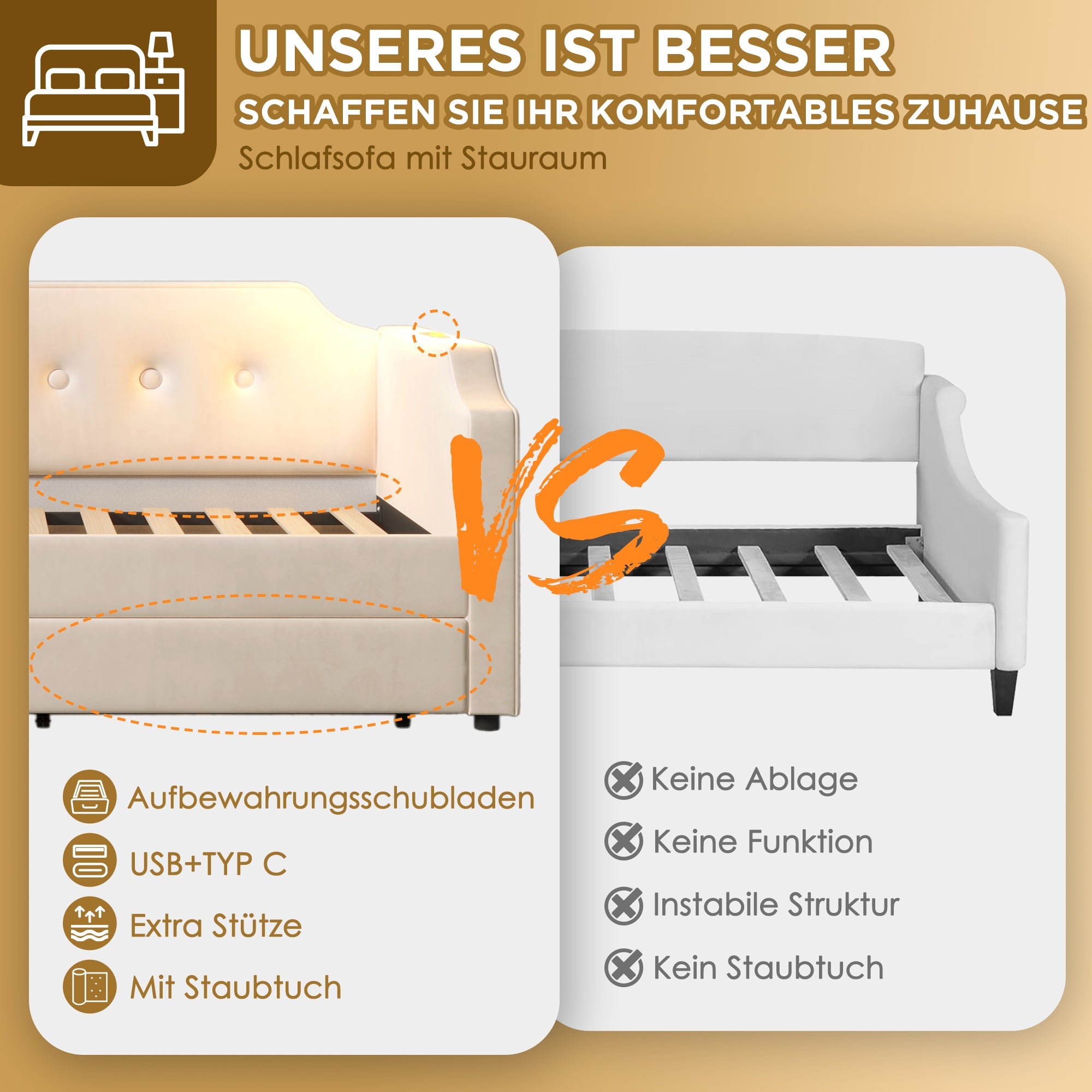 Logidon gestoffeerd bed 90x200 cm beige fluweel met USB-C oplaadpunt leeslampje