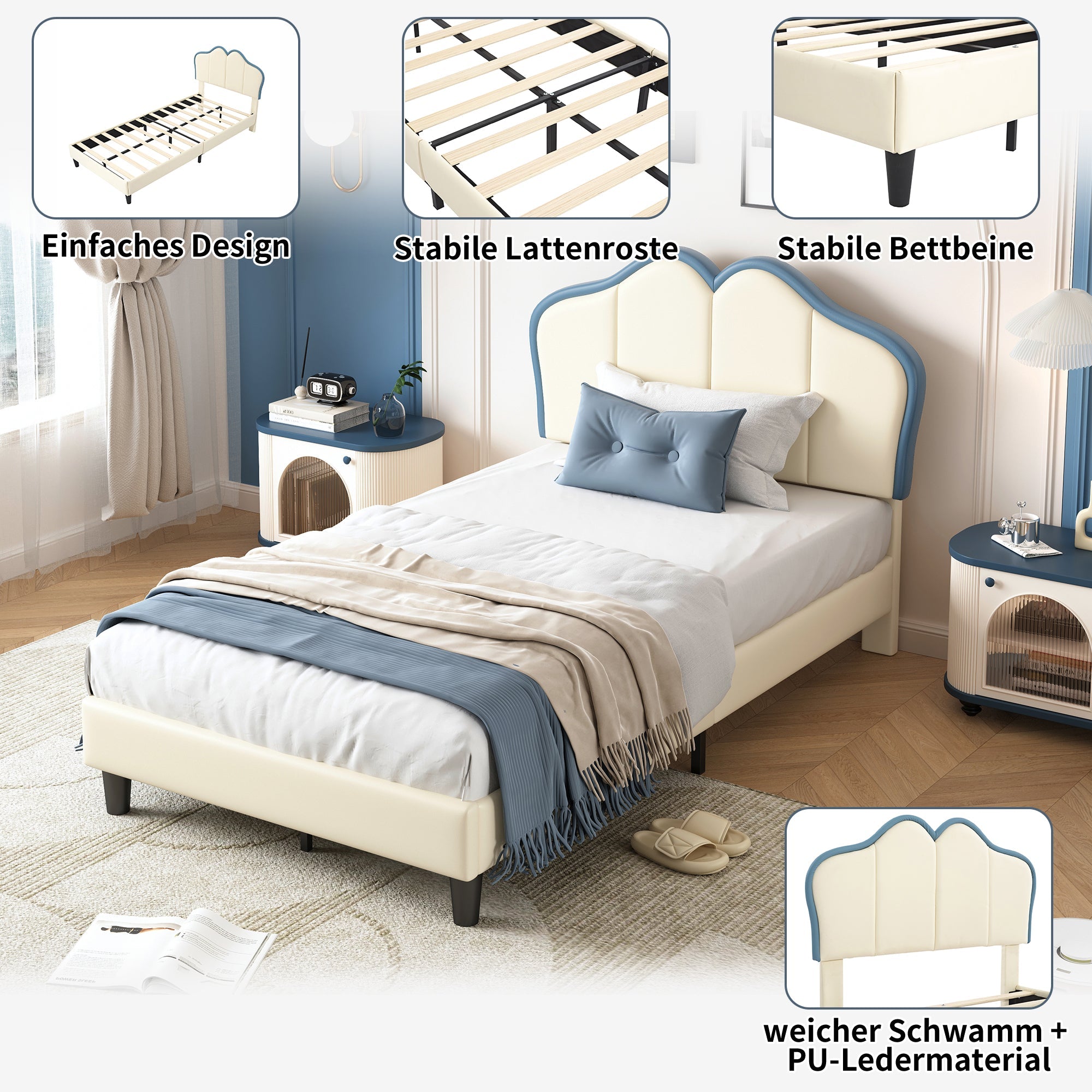 Logidon gestoffeerd bed 90x200 kinderbed wit blauw met zachte beschermranden