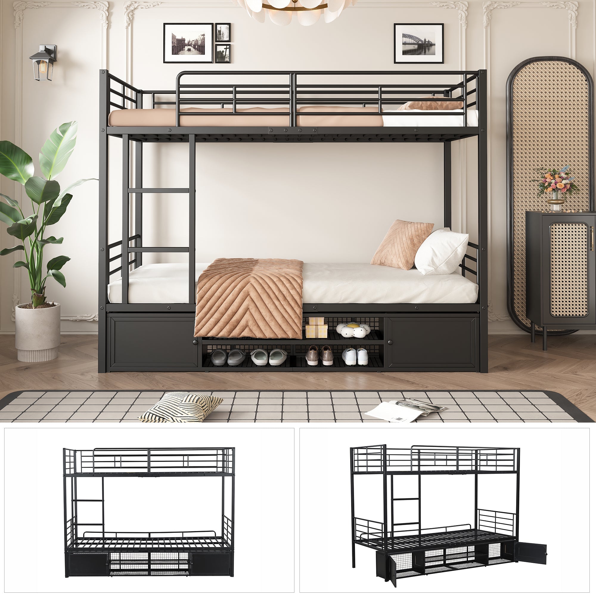 Logidon stapelbed ijzeren frame zwart 90x200 cm met schoenenrek