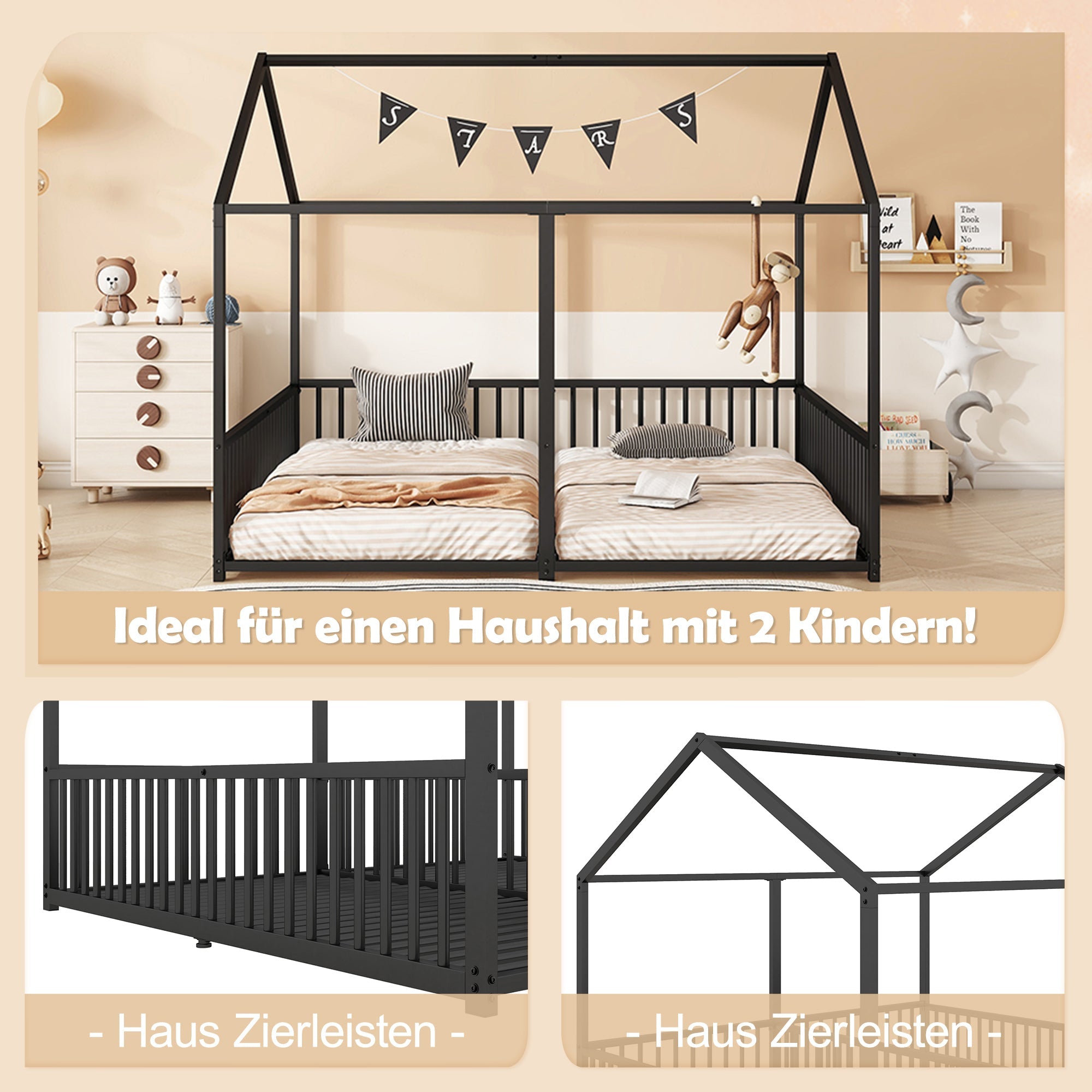 Logidon Metalen Bed Kinderbed 90x200 cm Zwart met Reling