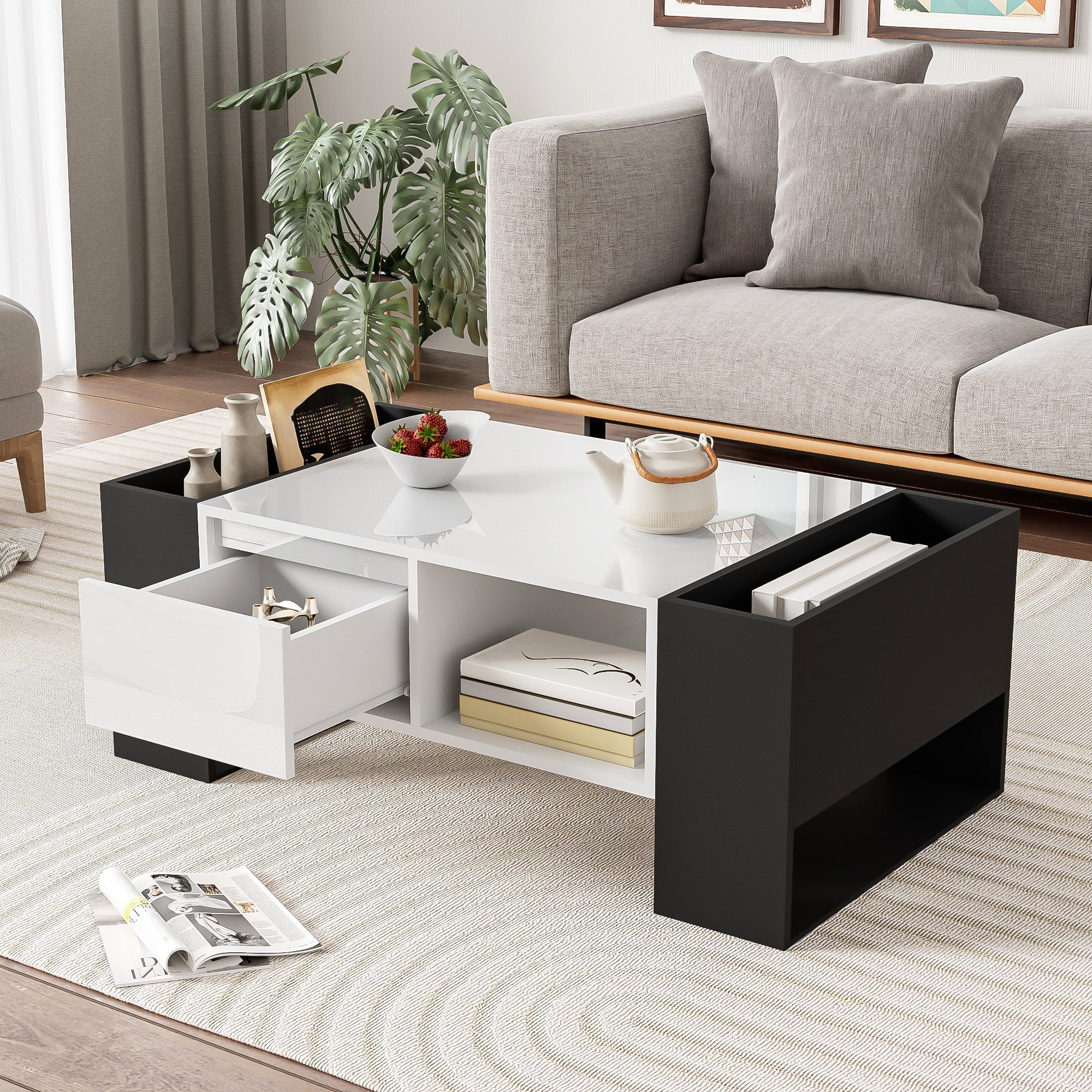 Logidon Moderne salontafel 105x60x40,5 cm hoogglans zwart en witte lade