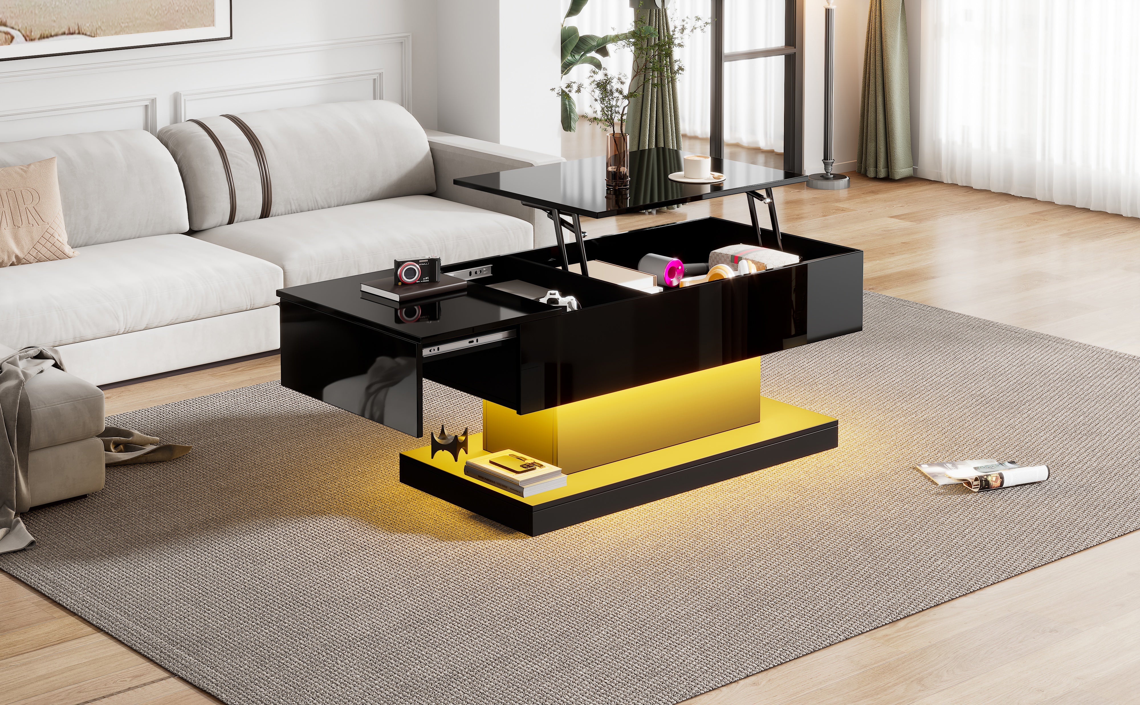 Logidon hoogglans liftsalontafel zwart 100x50x45 cm LED-verlichting