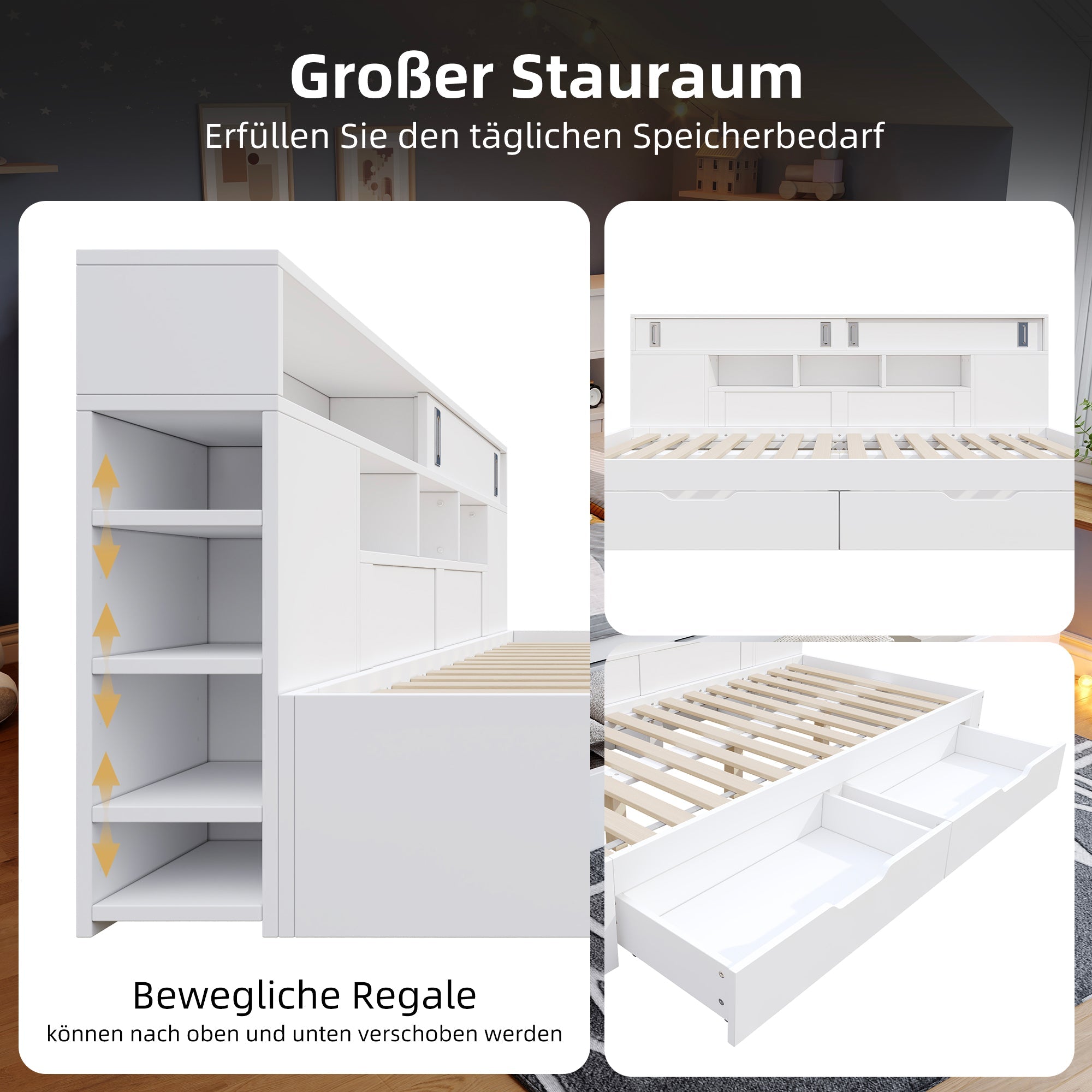 Logidon kinderbed 135x190 cm met opbergruimte, planken en kast wit