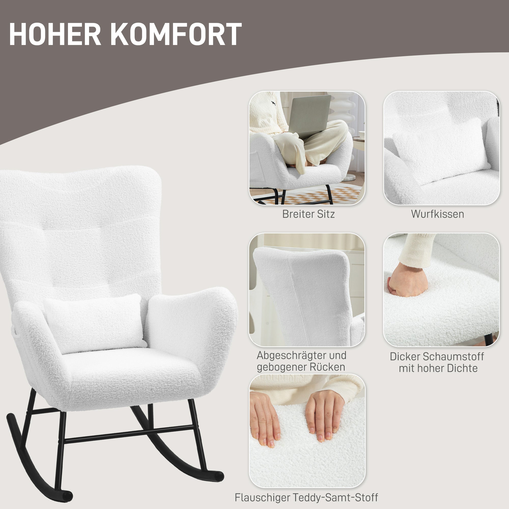 Logidon schommelstoel teddystof wit fluweel - relaxstoel 95x67 cm