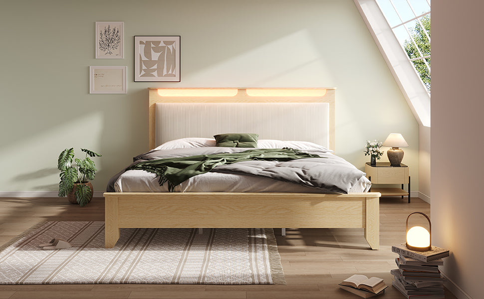 Logidon double bed 140x200 cm beige LED lighting headboard storage space