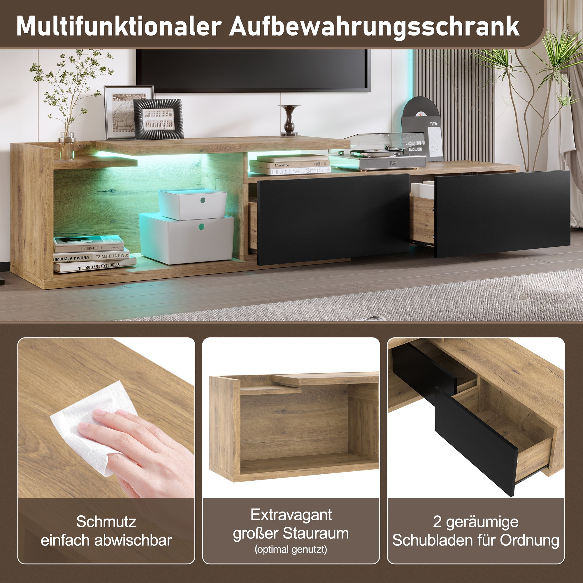 Logidon modulair tv-meubel met LED-verlichting en uittrekmodule