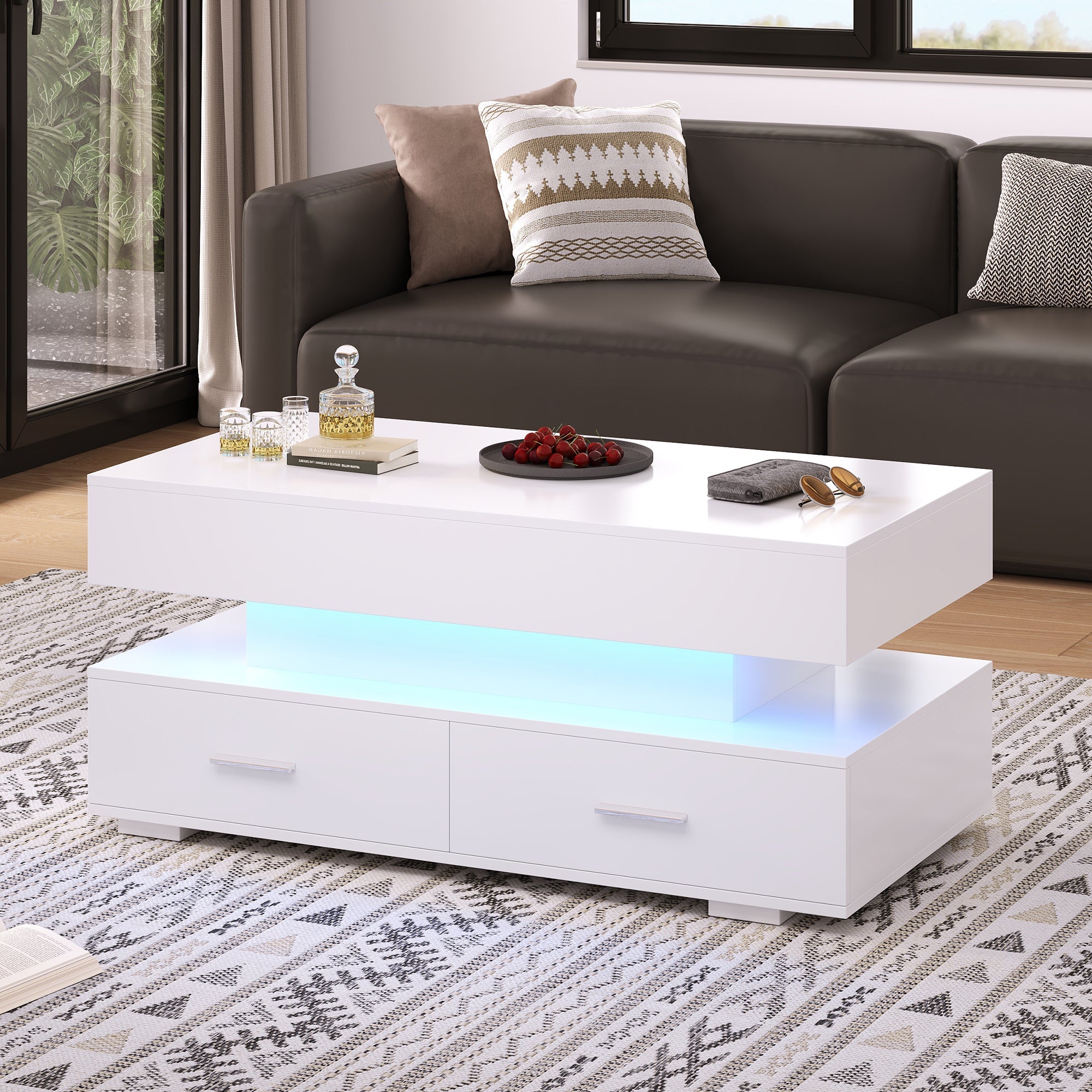 Logidon Hydraulisch in hoogte verstelbare salontafel 100x50x44 cm Wit LED