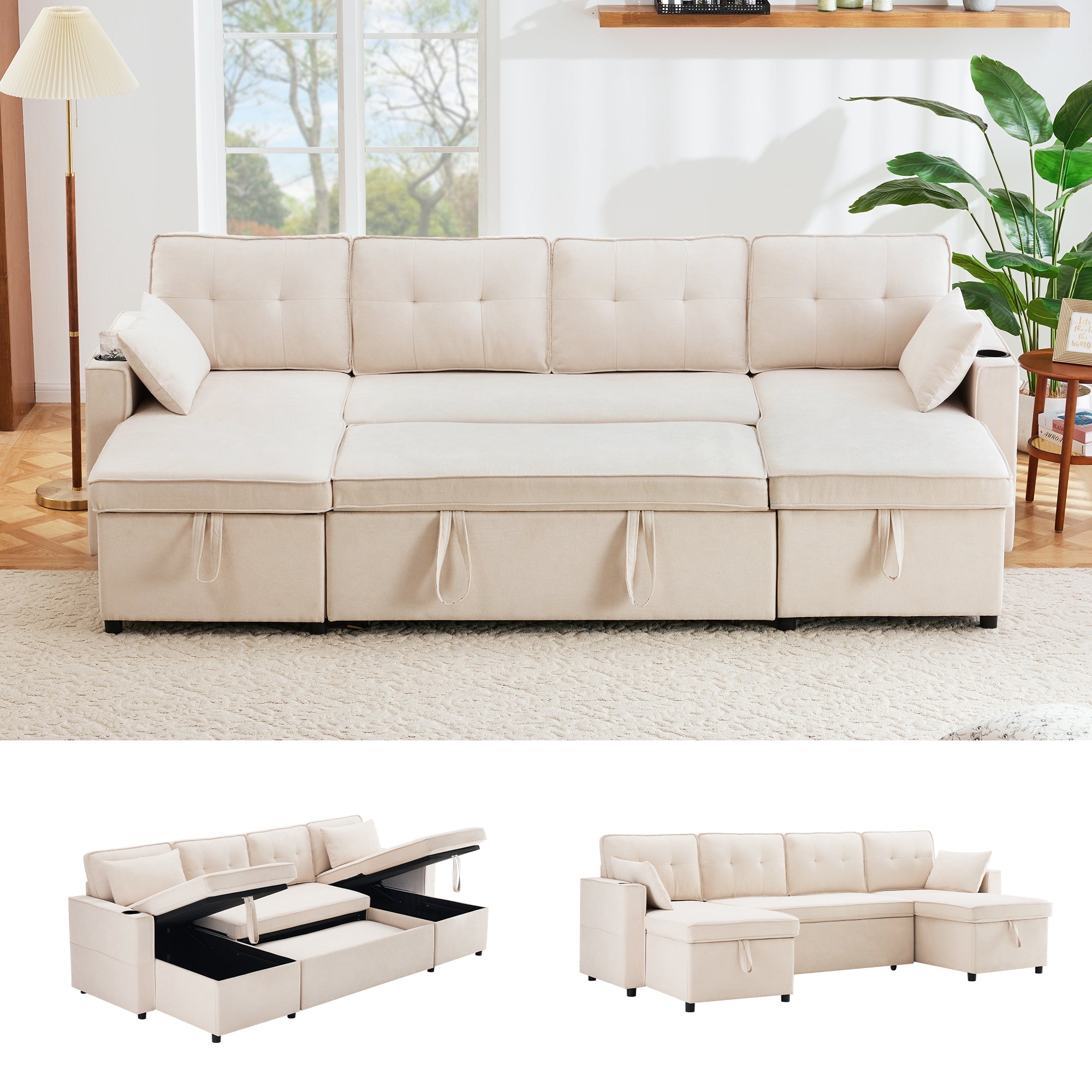 Logidon U-vormige slaapbank, beige stof, grote 4-zits bekerhouder