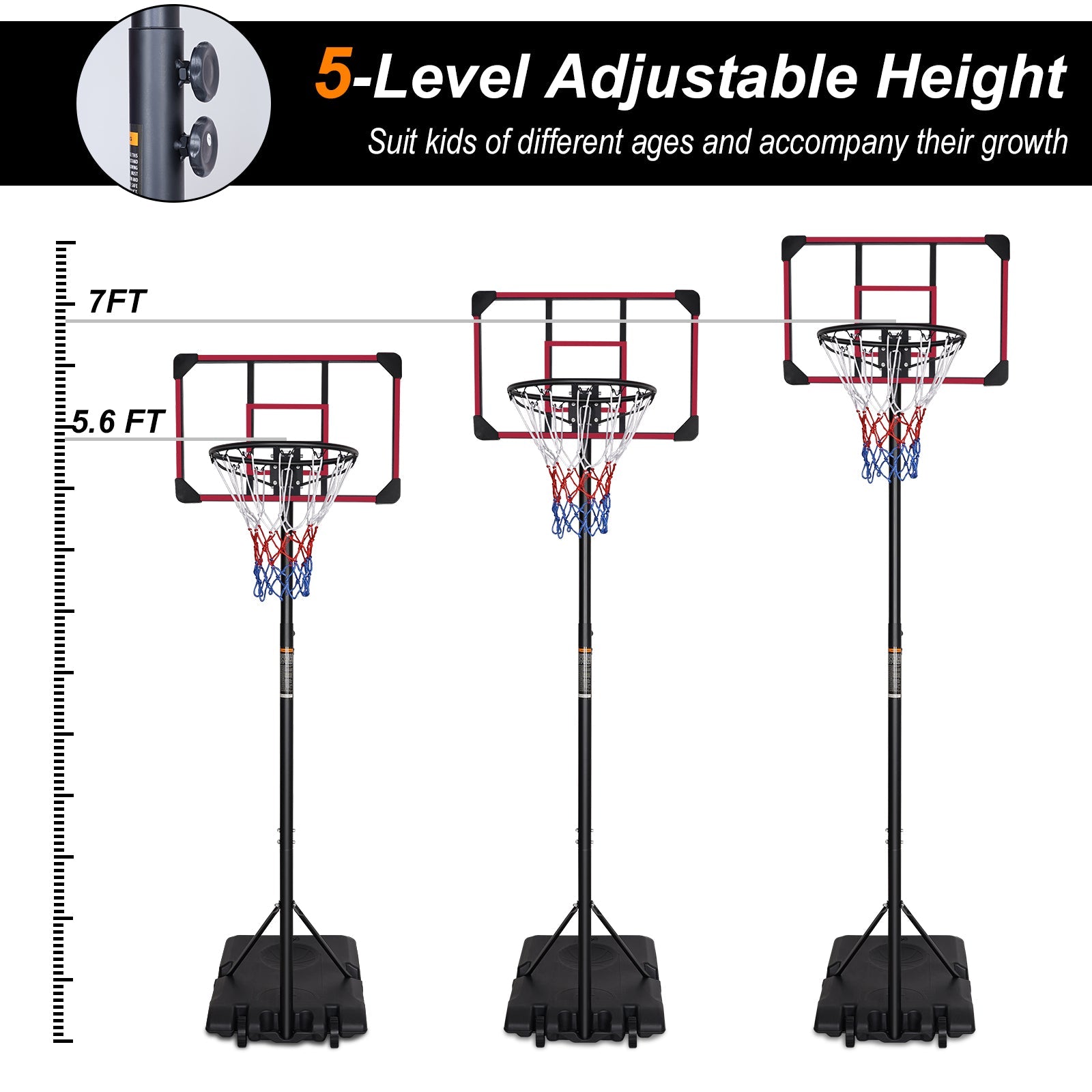 Logidon Draagbare Basketbalstandaard 170-213cm Rood Zwarte Wielen