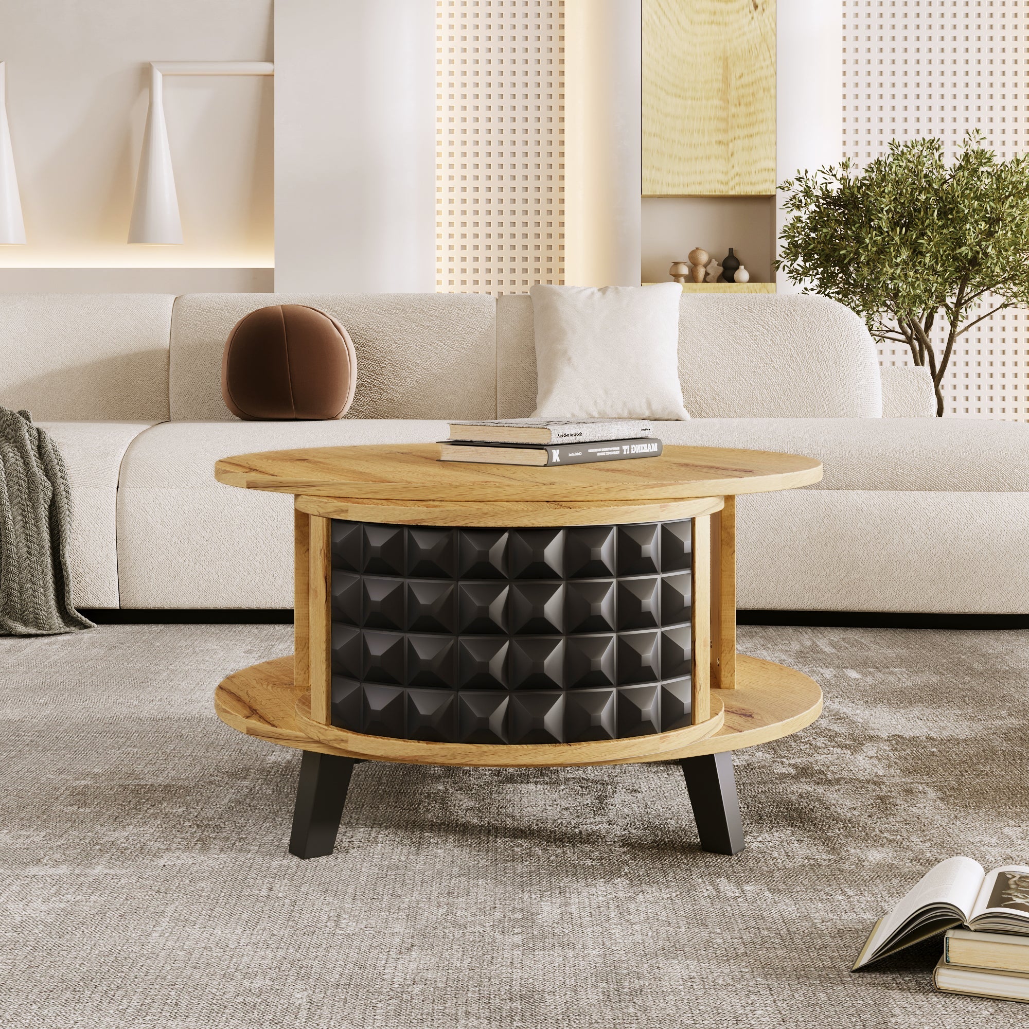 Logidon turntable with hidden shelf natural wood look 85x80x45 cm