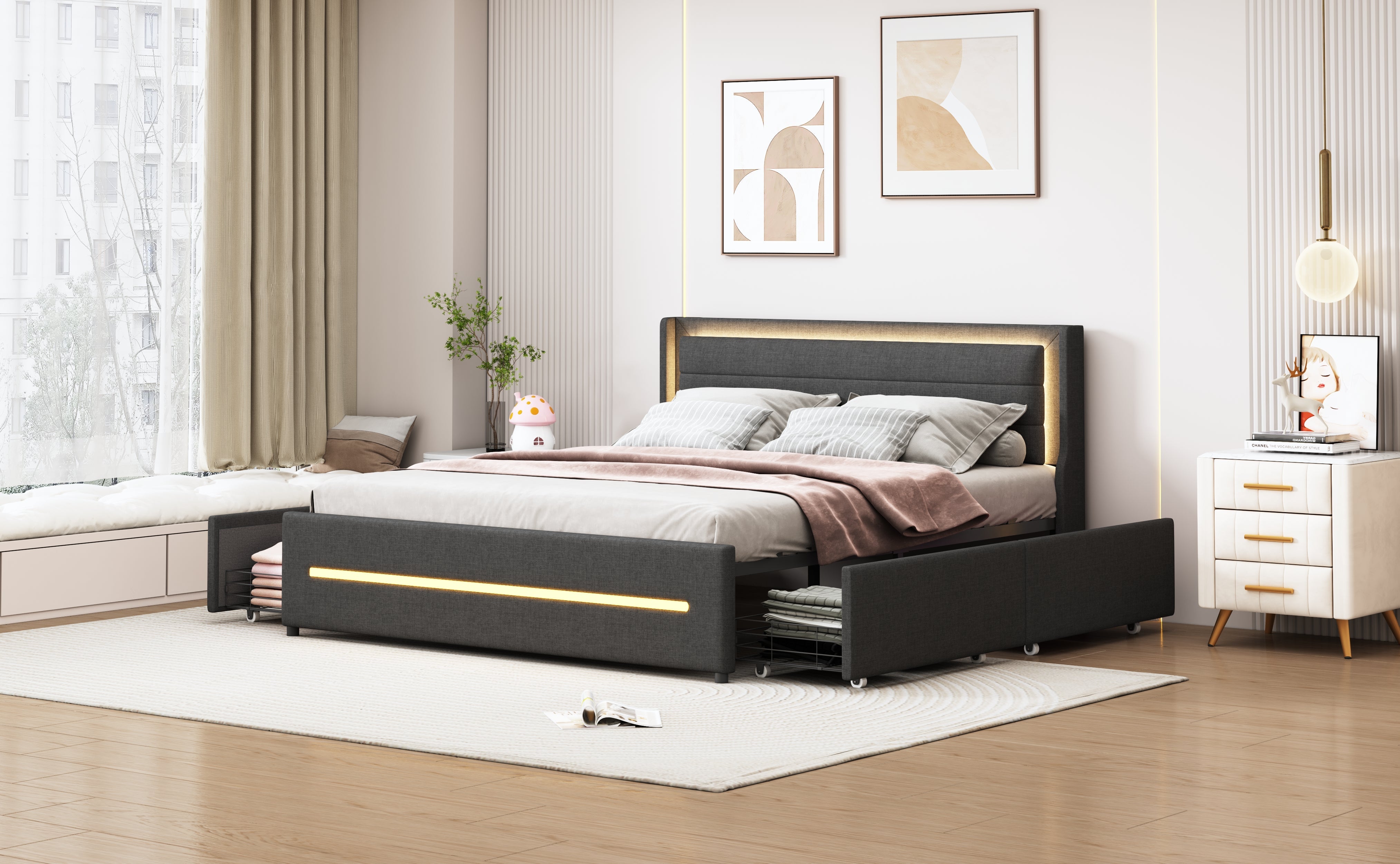 Logidon gestoffeerd bed 160x200 grijze kleur veranderende LED vier opbergvakken