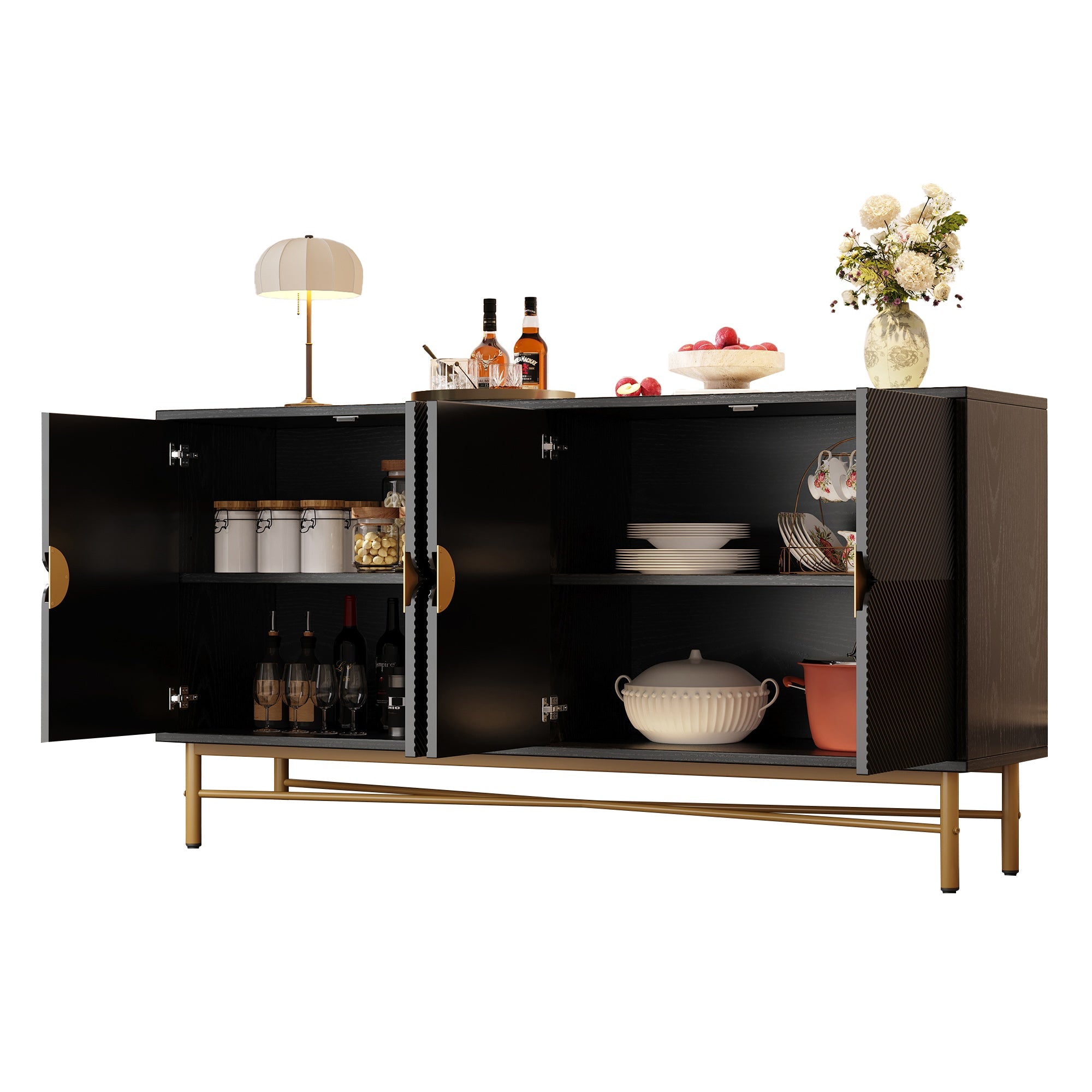 Logidon dressoir luxe structuur 160×40×82 cm zwarte hoogglans poten