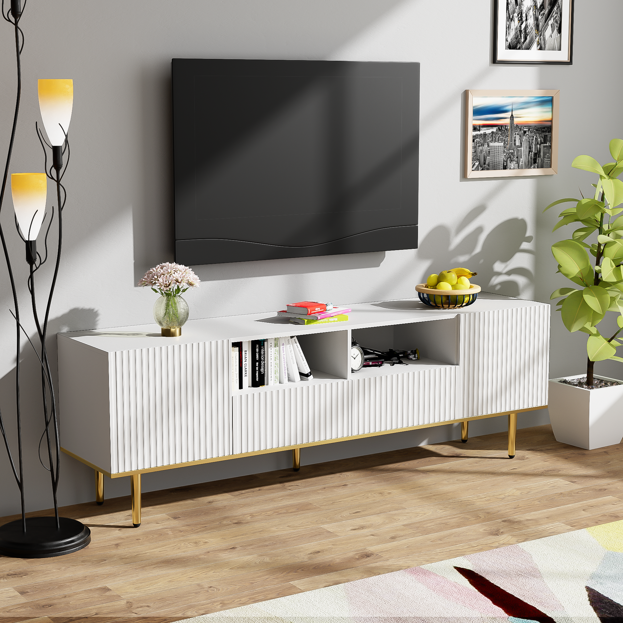 Logidon Modern tv-meubel wit met gouden poten en gouden bies