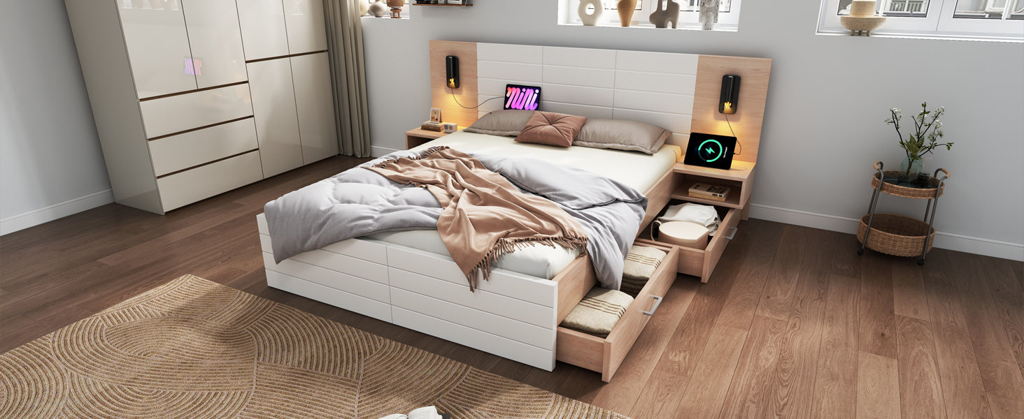 Logidon tweepersoonsbed 140x200 met leeslamp USB 2 laden eiken wit