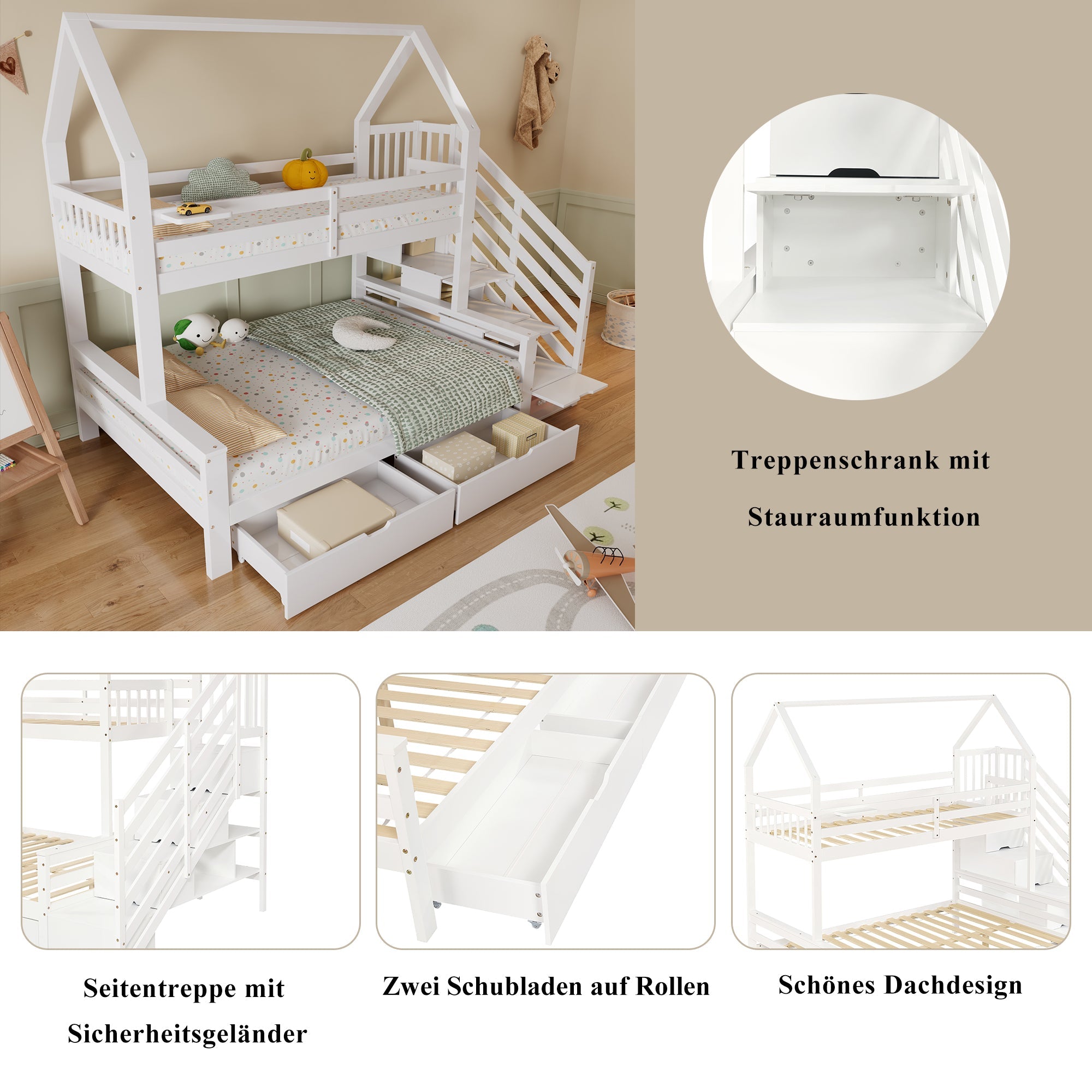 Logidon stapelbed kinderbed wit 90x200 en 140x200 met dakdesign