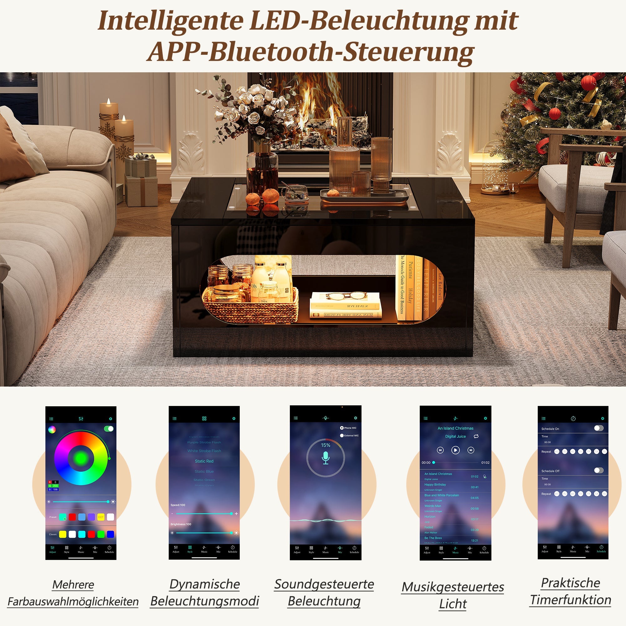 Logidon LED salontafel 70x70 cm vierkant zwart MDF glasblad