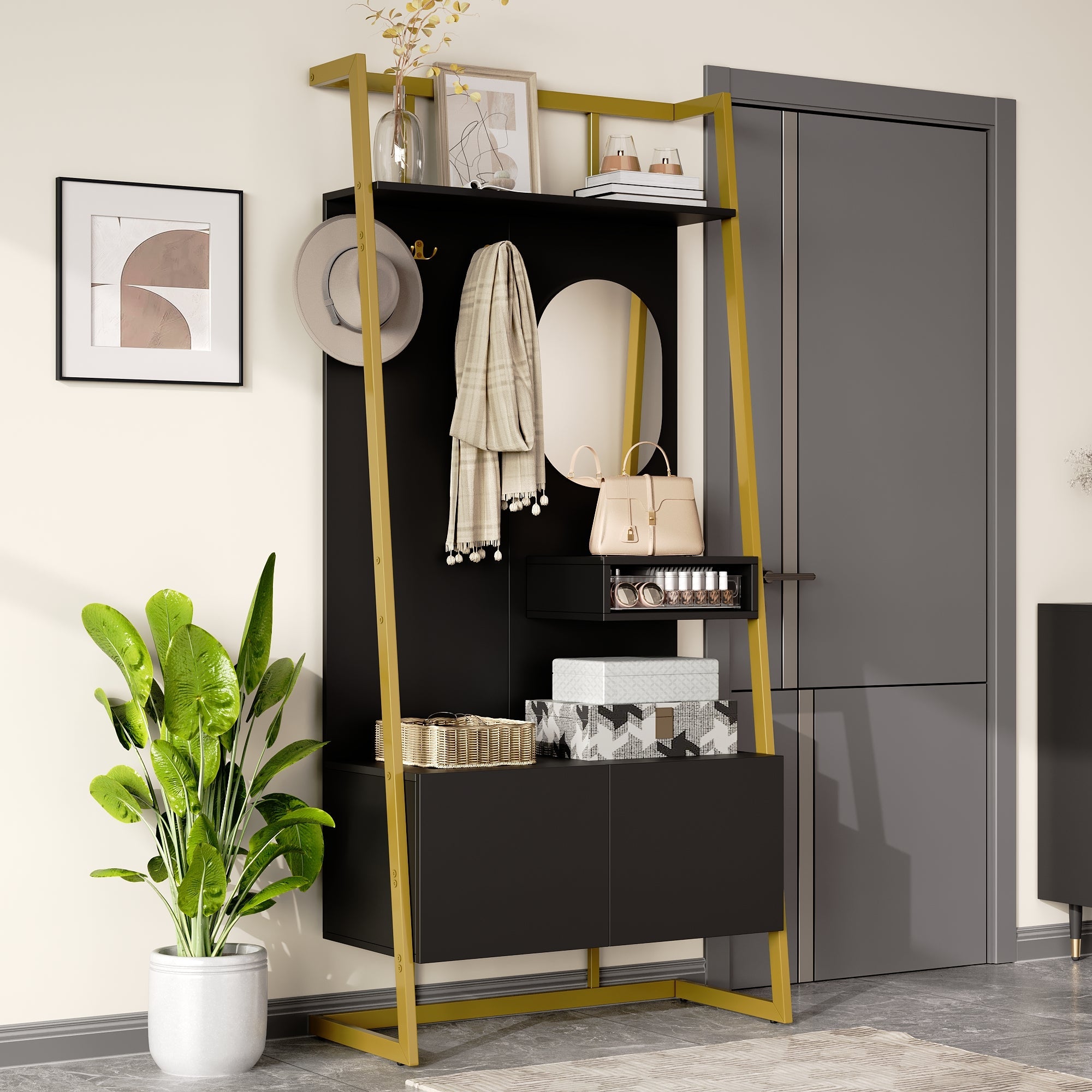 Logidon Modern Compact Wardrobe Box Mirror Shoe Bench Black 78 x 38.5 x 180.5 cm