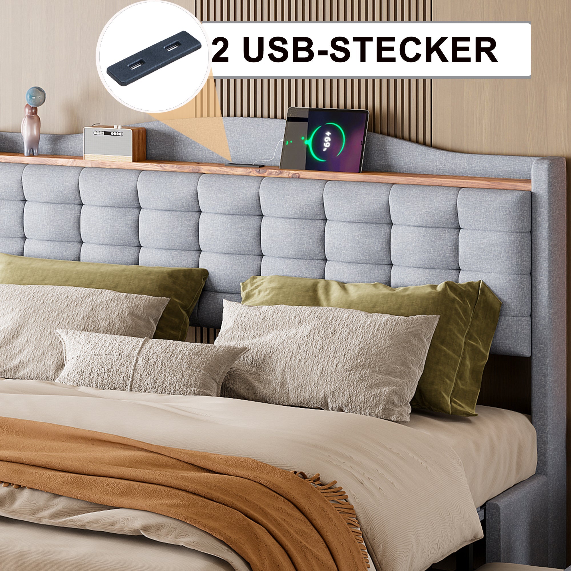 Logidon gestoffeerd bed 160x200 grijs USB-oplaadpoort