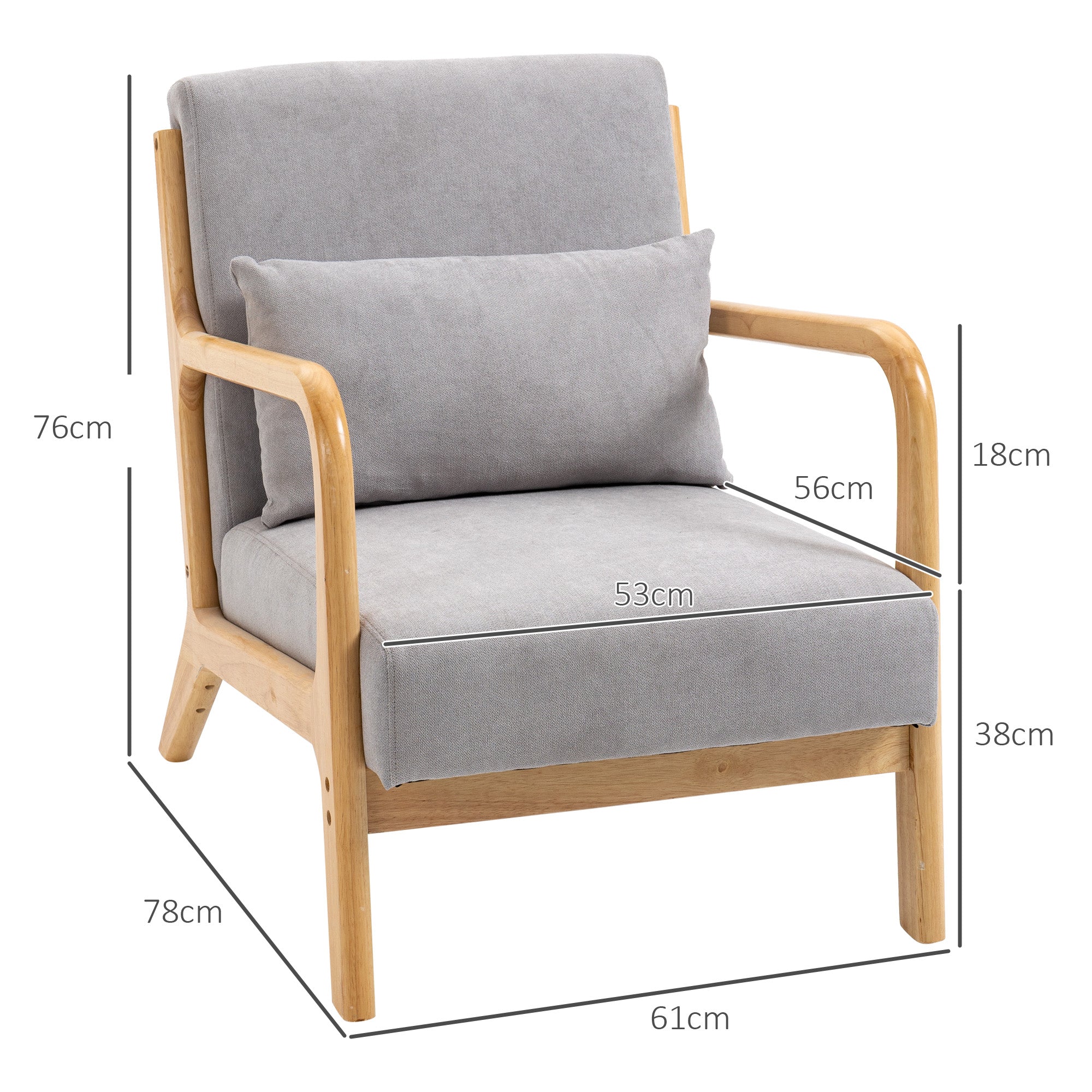 Logidon loungestoel grijs met armleuning en lendenkussen houten frame