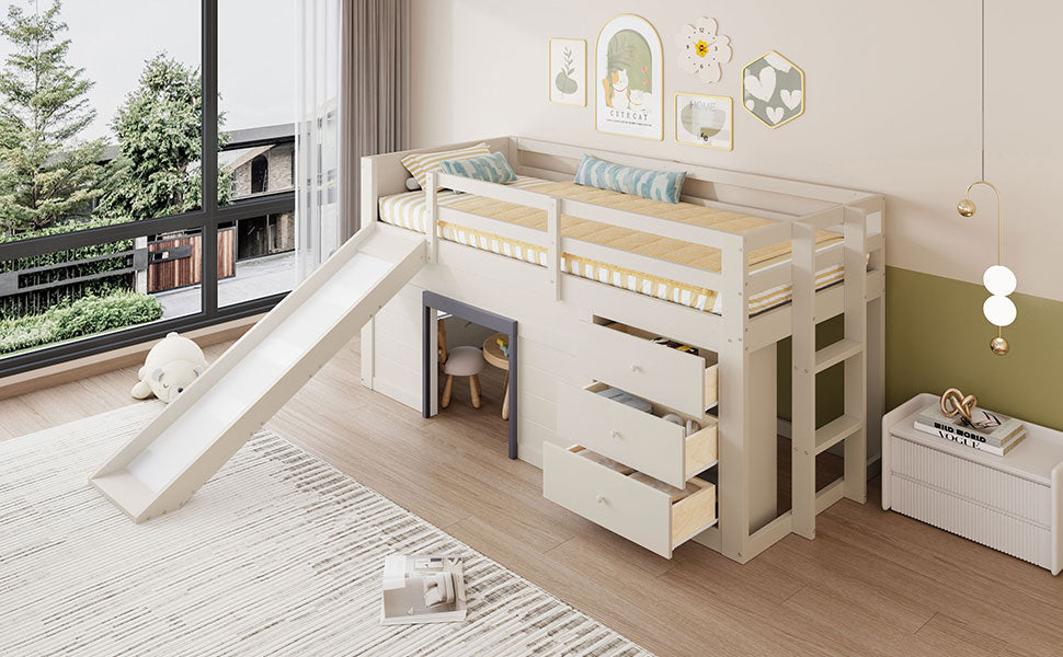 Logidon crème hoogslaper 90x200 met glijbaan, 3 lades, 2 deuren