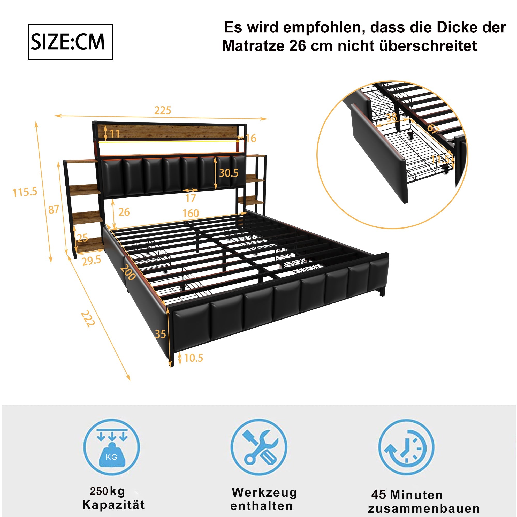Logidon gestoffeerd bed 160x200 cm met LED verlichting opbergruimte zwart