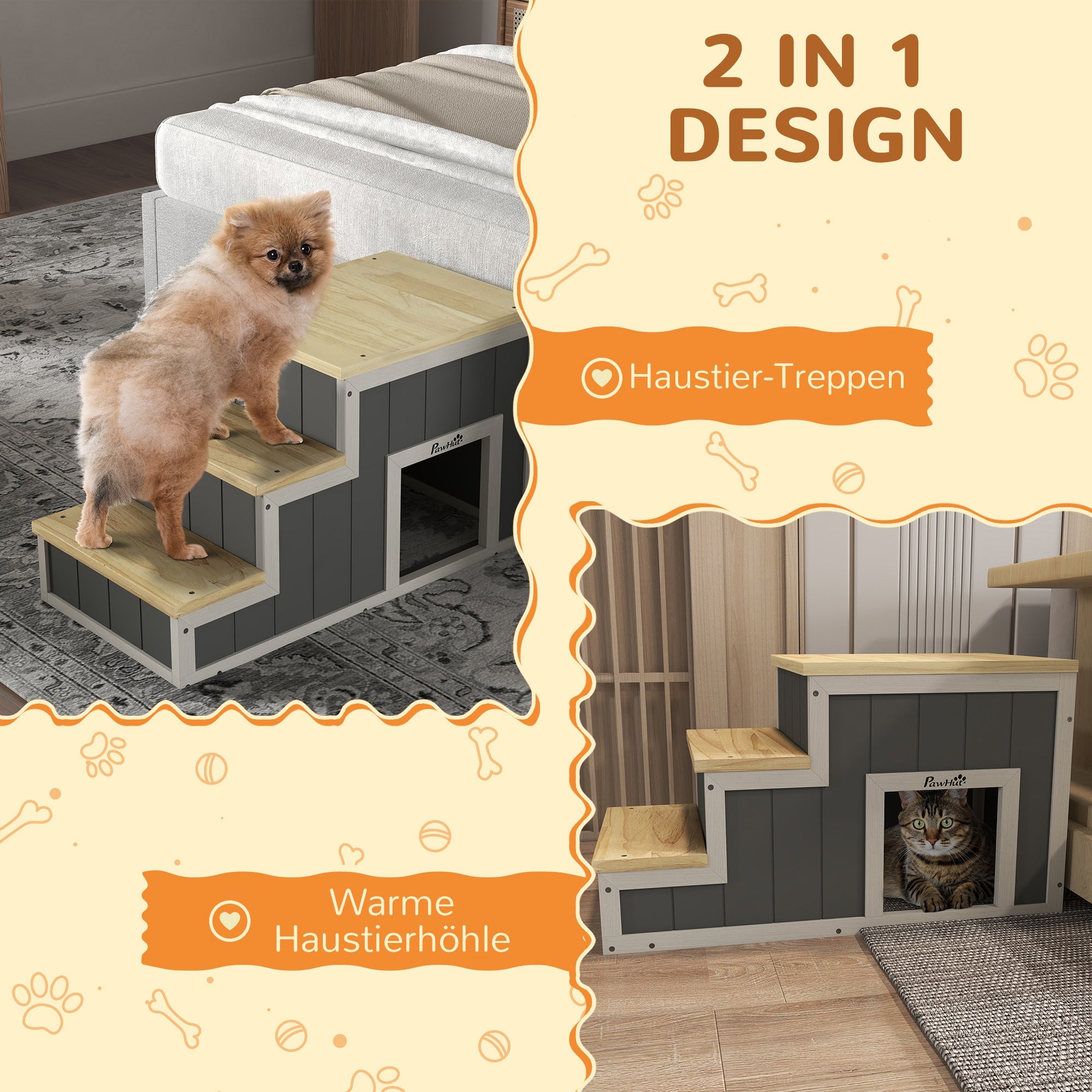 Logidon PawHut 2-in-1 hondentrap met grot 3 treden natuurlijk hout